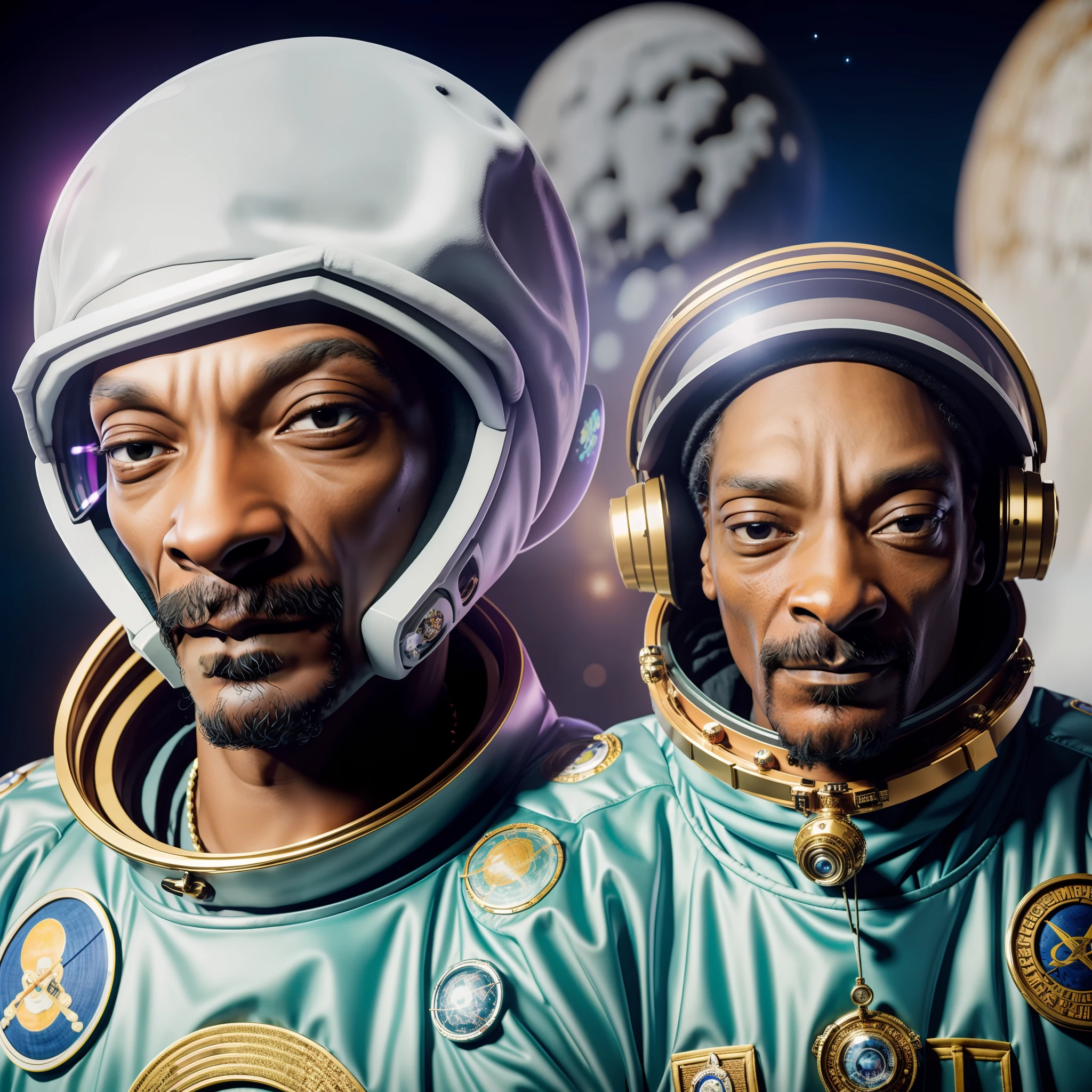 Snoop dogg dressed in a full and ultra realistic costume of astrounaut, on the moon, in the background in the background is the planet Earth, small and distant, 8k, cinema, photo, photo, realism, best quality, masterpiece, highres,