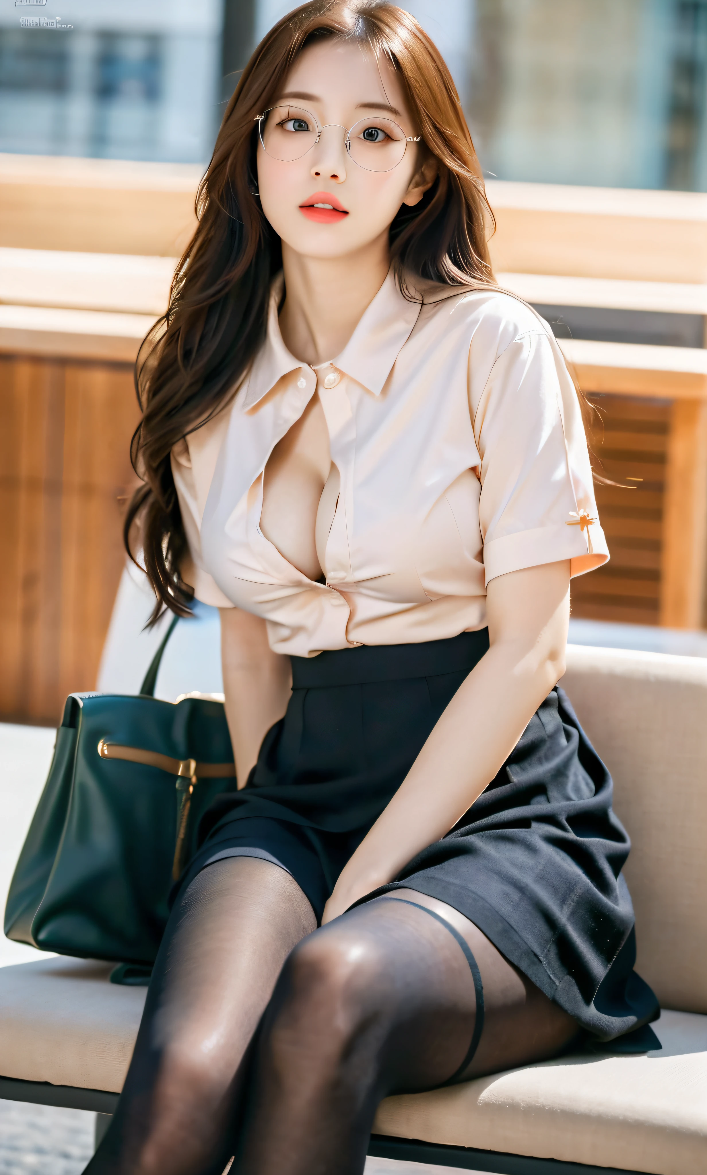 ulzzang-6500-v1.1, (raw photo:1.2), (photorealistic:1.4), beautiful detailed girl, very detailed eyes and face, beautiful detailed eyes, ridiculous, incredibly ridiculous, huge file size, super detailed, high resolution, very detailed, best quality, masterpiece, ((summer fashion clothes in different colors)), illustration, very detailed, CG, unified, 8k wallpaper, amazing, fine details, Masterpiece, best quality, very detailed CG uniform 8k wallpaper, face light, movie lighting, 1girl, , long white hair, side split, (big breasts), (no panties)), (glasses), (dynamic pose)), (sexy pose), (camel toe), (half), (pantyhose), (black hip skirt)), (bent knees and legs sitting))