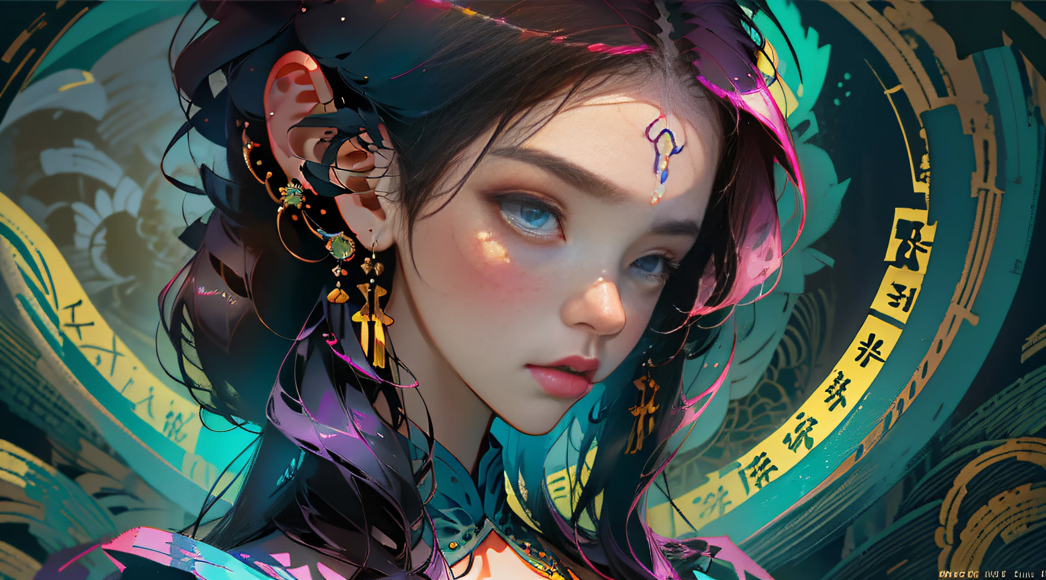 Official Art, Unity 8k wallpaper, ultra-detailed, beautiful, beautiful, masterpiece, best quality, dark, atmospheric, mystical, romantic, creepy, literature, art, fashion, victorian, decoration, intricate, ironwork, lace, contemplation, emotional depth, supernatural, 1 girl, solo, neck, bust, Chinese Hanfu art closeup,