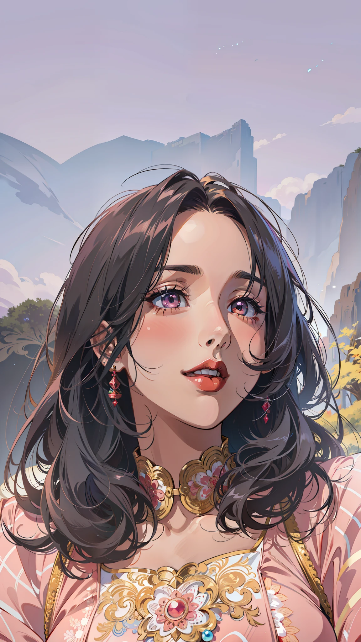 (masterpiece),(best quality:1.0), (ultra highres:1.0), detailed illustration, 8k, anime, 1girl, beautiful anime girl, wearing a pink dress, earrings , intricate details, black eyes, detailed eyes, black hair, detailed hair detailed, highlights on hair, gentle smile, red lipstick, red lips, anime style, best quality, detailed