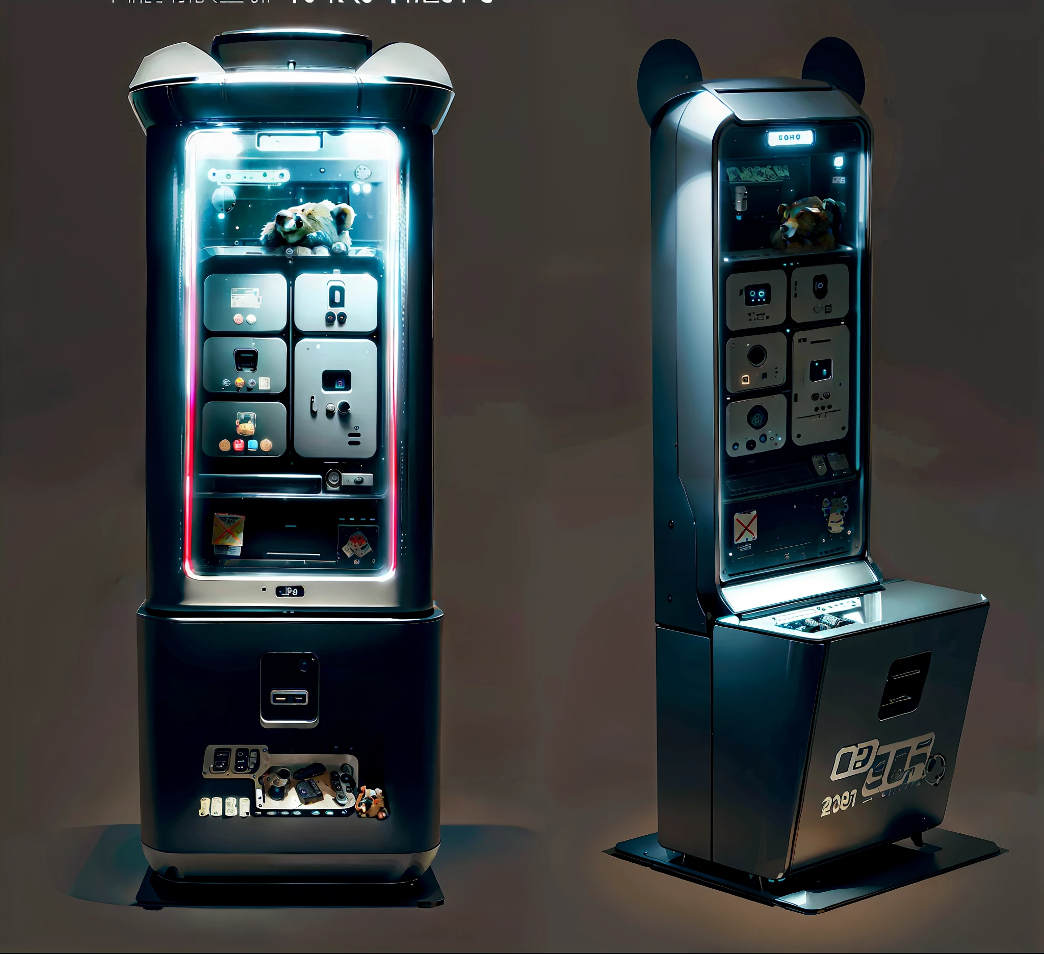 There's a bear head, futuristic tech, super smart, 8K-height 768, friendly humanoid robot, vending machine