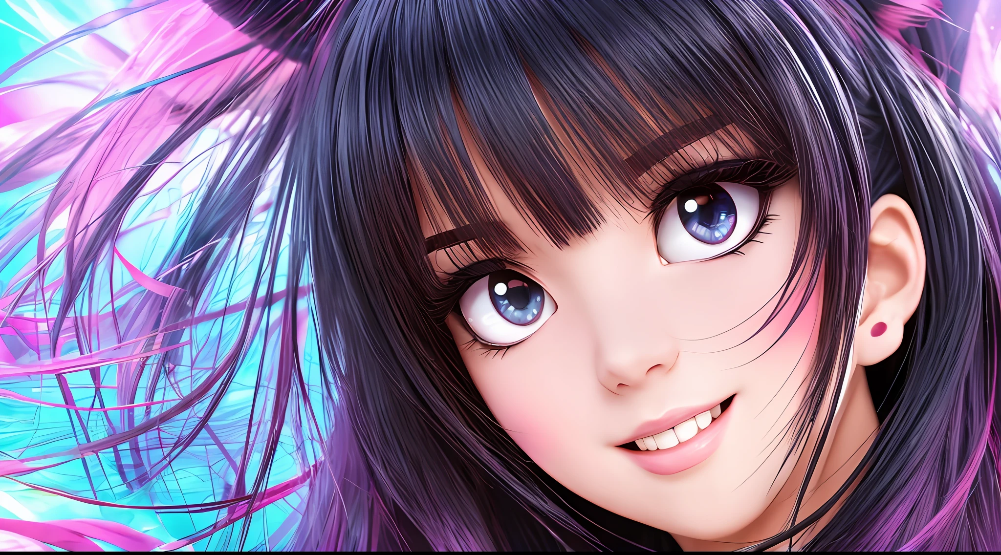 black hair, hair bobbles, wince, longeyelashes, solid circle eyes, fake animal ears, light smile, ear blush, fang, Surrealism, drop shadow, anaglyph, stereogram, tachi-e, pov, atmospheric perspective, 8k, super detail, ccurate, best quality --auto --s2