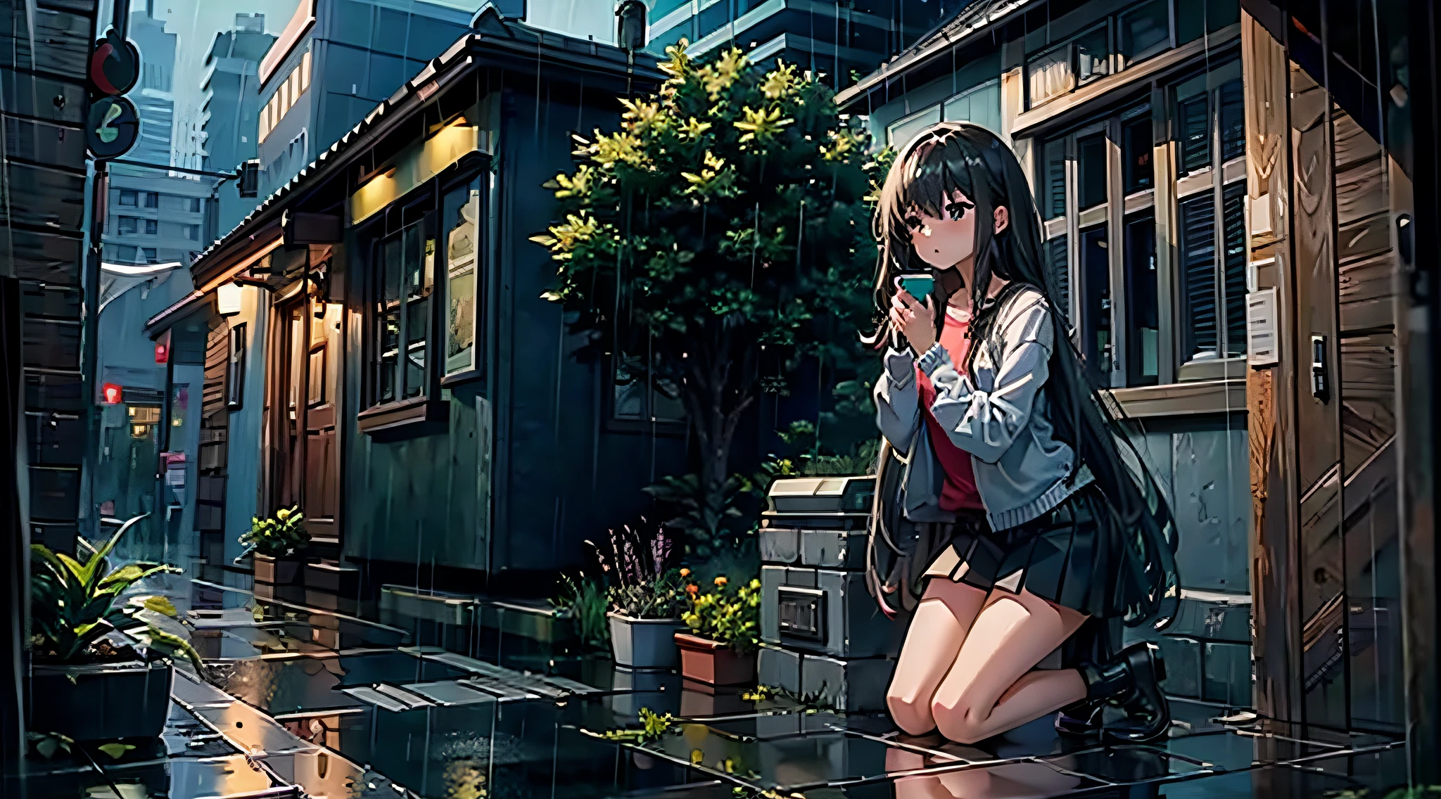 Masterpiece, best quality, girl, long hair, rain, kneeling, mobile phone