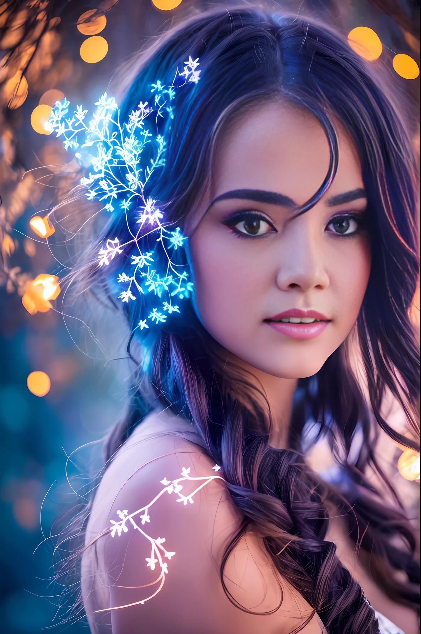 Beautiful Young Woman covered with tree branches , bright blue white glowing heart visible from human, Night time , colorful, photography hyperdetailed cinematic lighting hdr, softbox lighting, extreme detail --auto --s2