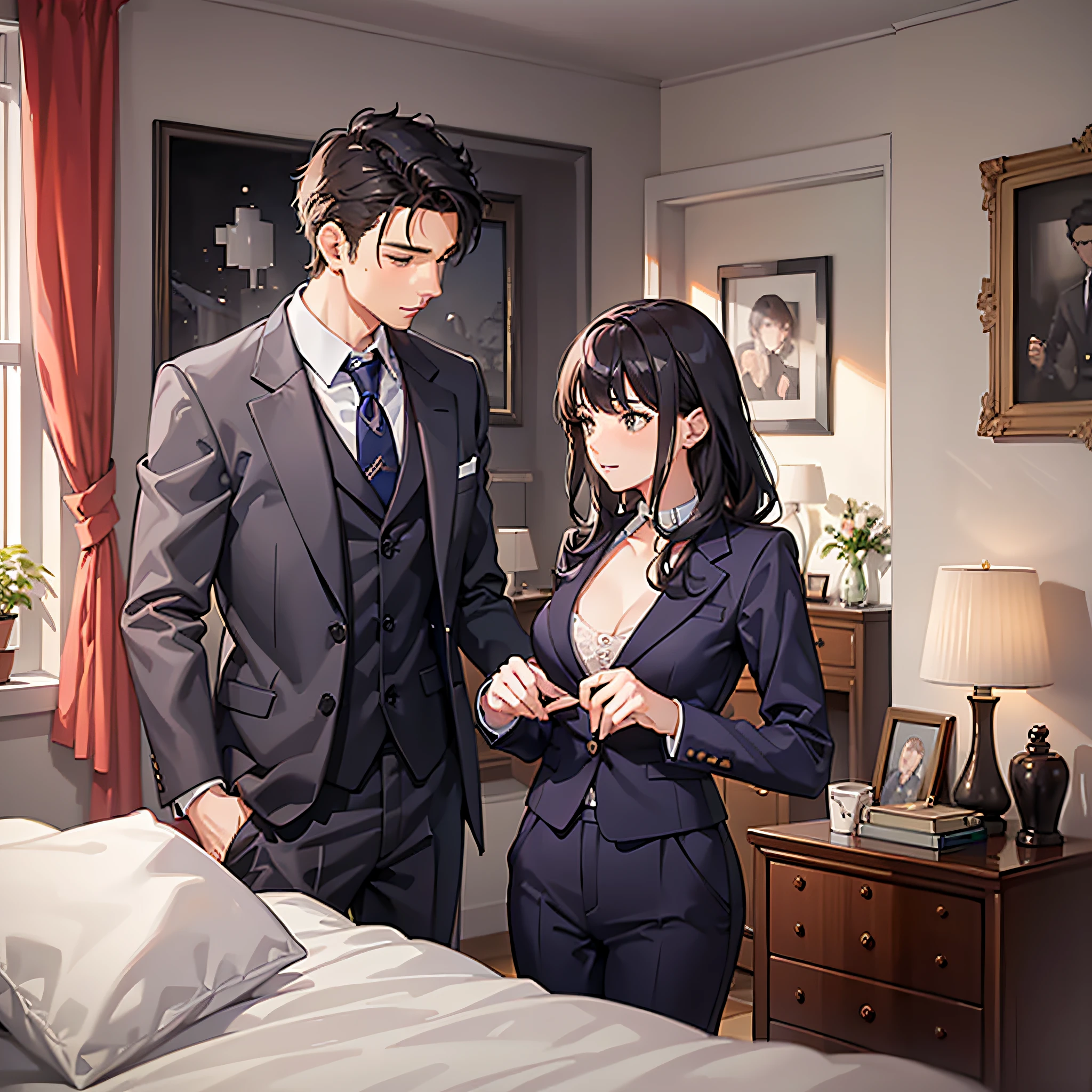 (A woman and a man in bedroom 1.9)
(Man in suit 1.6)
(Man standing 1.7)
(Woman lying in bed 1.9)