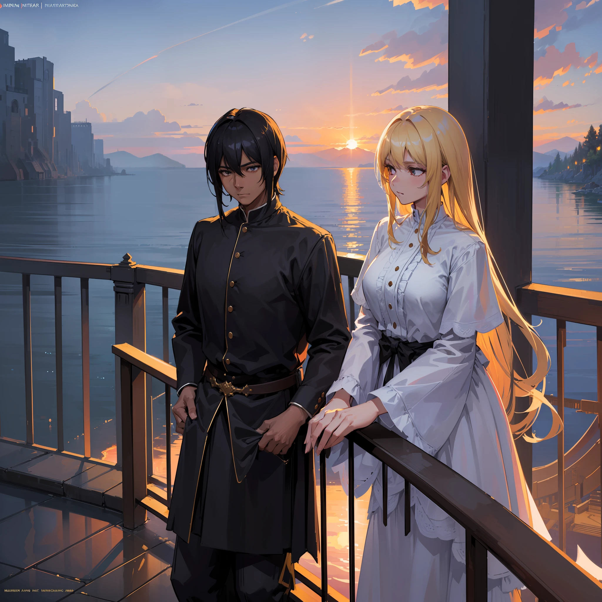 (black hair man and blond woman leaning on a rail:1.2), looking at the water, sunset, hugging, masterpiece, ultra-detailed CG unity 8k wallpaper, best quality illustration,highly detailed digital art masterpiece, trending on artstation, sharp focus, intricate details, highly detailed, by greg rutkowski