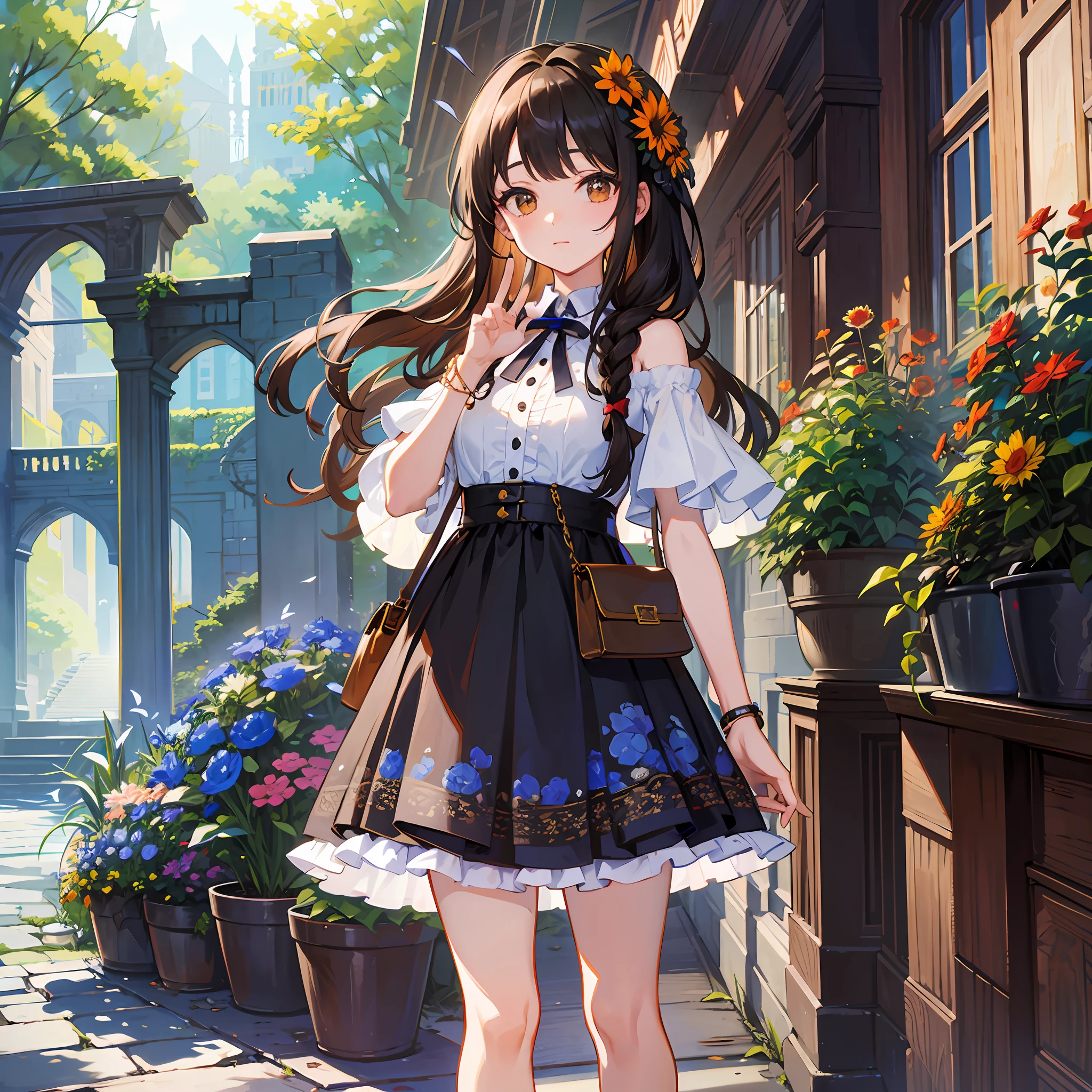 Best image quality, super detailed light and shadow, literary style, cute girl, comfortable standing, bright black and brown braids, charming brown eyes, playful and beautiful, full of literary atmosphere, fluffy blunt bangs, ink flowers, safflower, blue flowers, floral dress, printed skirt, hair bow, handbag, off-the-shoulder, long skirt, blunt bangs covering forehead, sneakers