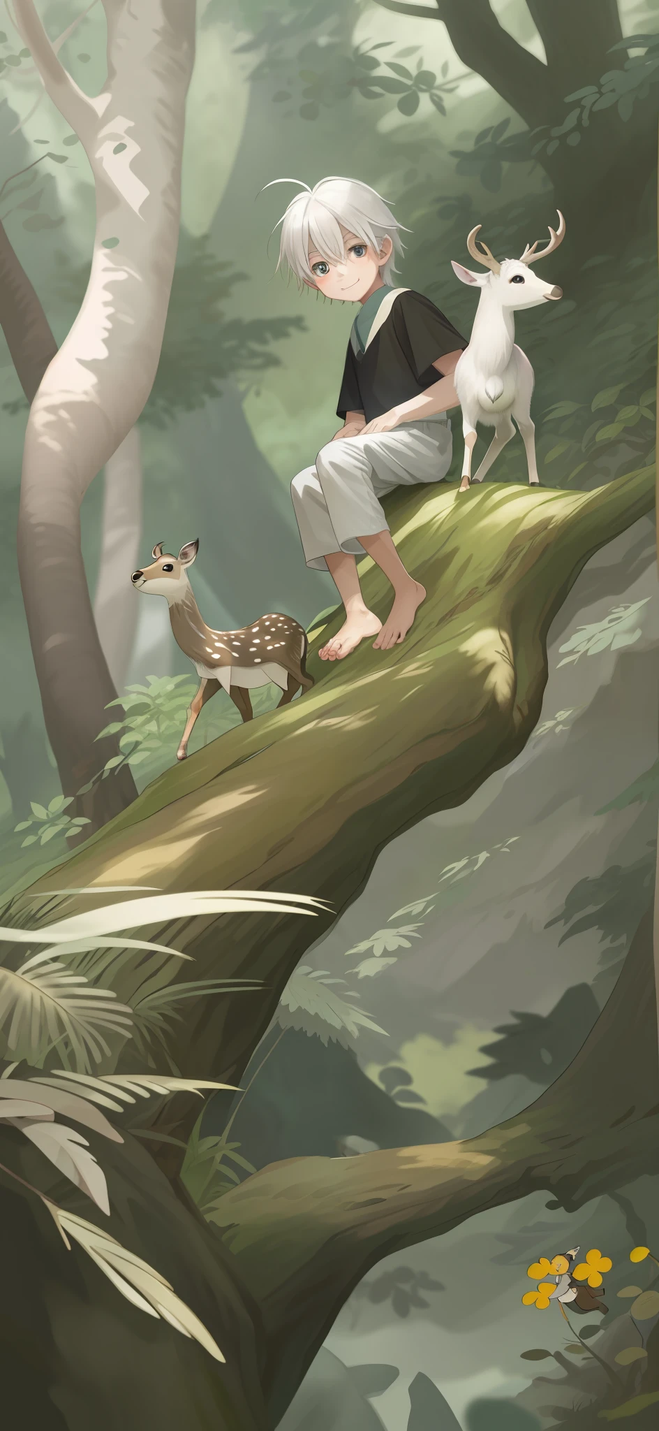 A sika deer meets a white-haired, barefoot and smiling plain-clothed little Shota in the forest, 8K HD