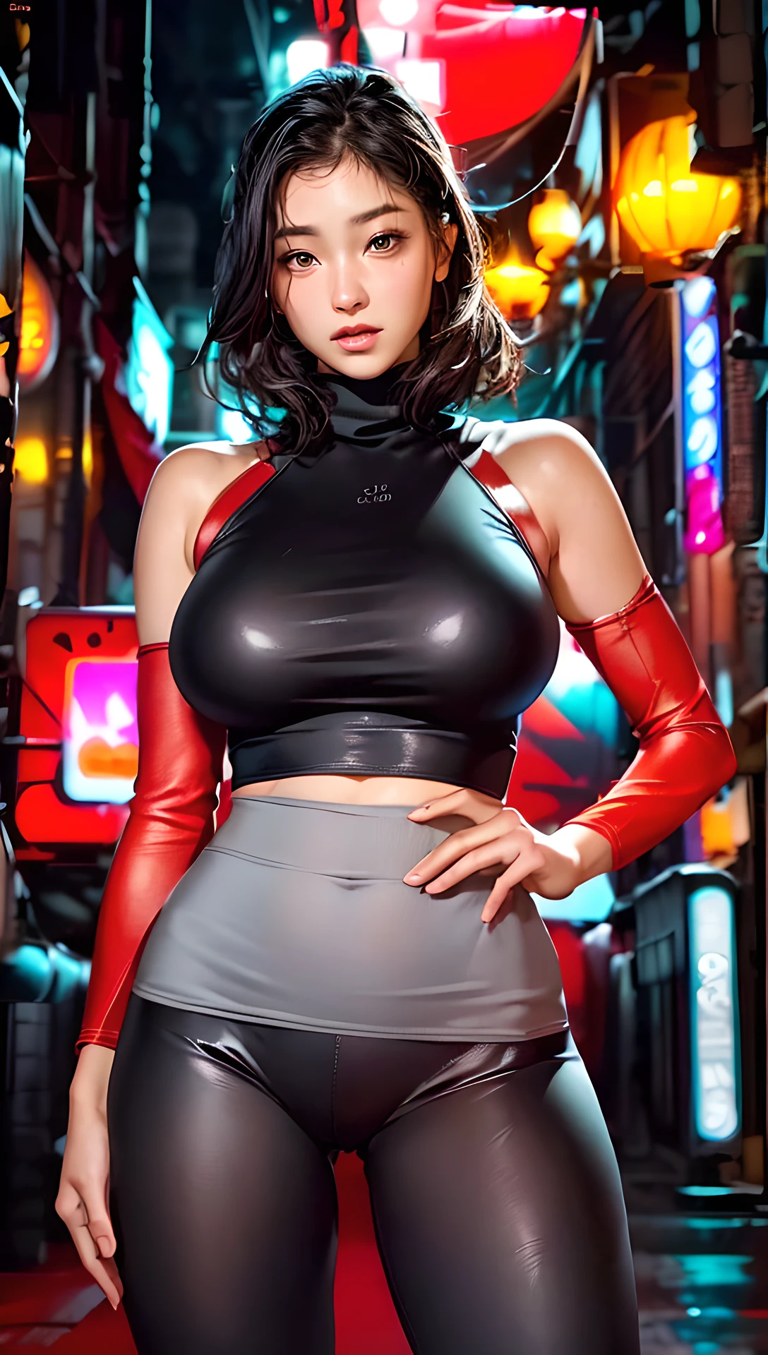 (portrait photo)) A photo of a woman, (yoga black printed pants), (grey_turtleneck sweater), head: 1.3), finely detailed skin, big eyes with gaze seductive, thigh slit, neon, signs, lights, people in background, narrow alley, outside, night, seductive smile, (cameltoe:1.3)
Best Quality, Masterpiece, Ultra High Resolution, (Photorealistic: 1.4), 8K Raw Photo, (Fractal Art: 1.4), Dramatic Lighting, Dynamic Lighting, Professional Lighting, Cinematic Lighting, Highly Detailed, Official Art, Flawless, Sharp Focus, Depth of Field, Exquisite Details and Textures, Delicate and Beautiful, Lens Flare, Absurd, Ray Tracing, Immersive Atmosphere, (Knee Height Photo: 1.3) 1girl, an attractive young woman, woman, sexy and attractive, supermodel, goddess aura, realistic hair, detailed hair, hair blowing, seductive expression, full of stimulating expression, moaning, shy, look at the viewer, happy skin, bright, finely detailed skin, thin waist, beautiful detailed thigh, (perfect female figure), (symmetrical body shape), long legs, (detailed background), (realistic: 1.2), (realism), (masterpiece: 1.2), (ultra detailed), (best quality), intricate, cinematic lighting, comprehensive cinematic, portrait photography, magical photography,