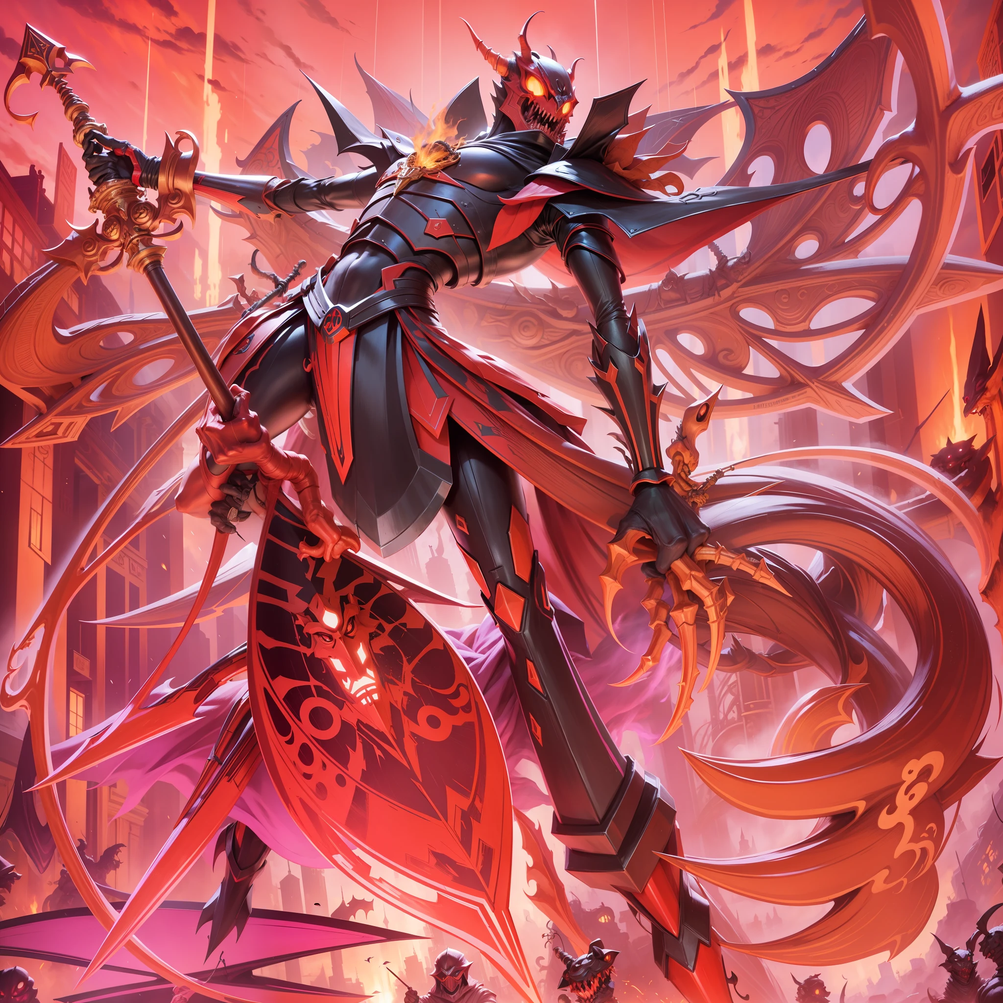 Grasshopper, holding a staff with mouth, demon, arms sticking out of his back, wearing 4k theater mask, Yu-Gi-Oh