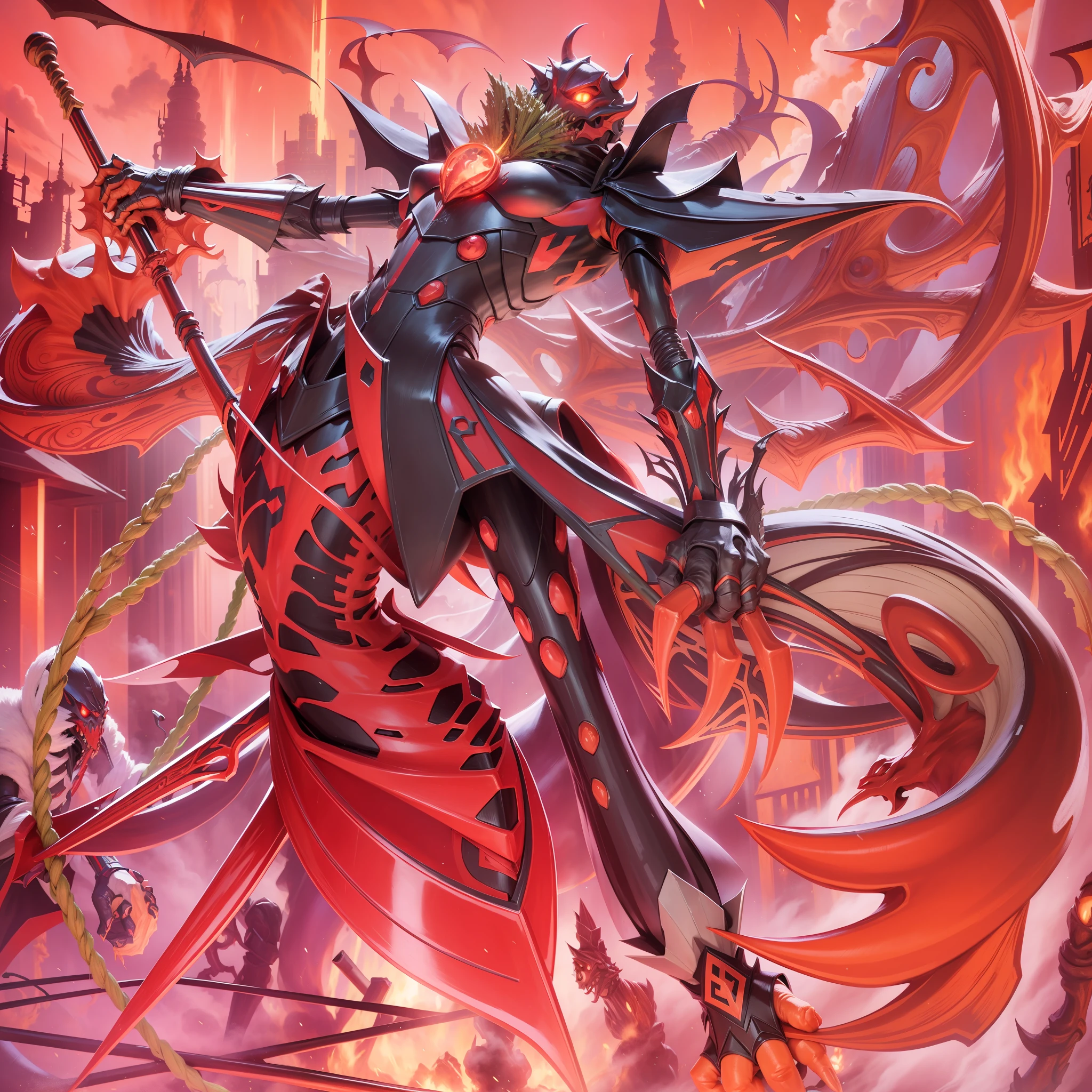 Grasshopper, holding a staff with mouth, demon, arms sticking out of his back, wearing 4k theater mask, Yu-Gi-Oh