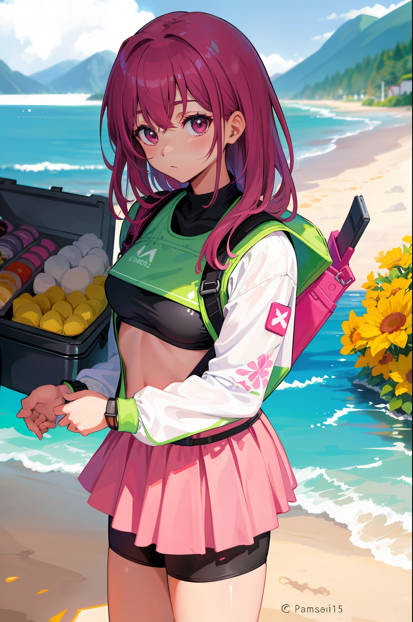 Masterpeace, Best Quality, 1 Woman, 28 Years Old, (Floral Panties), Bright Colors, Volumetric Lighting, Best Shadows, Shallow Depth of Field, (Top Quality, Amazing Details: 1.25), Brilliant Colorful Paintings, Nature, Picnic, Beach, Sea, Mountains, Volleyball, Backpack, Ice Cream, Motorcycle