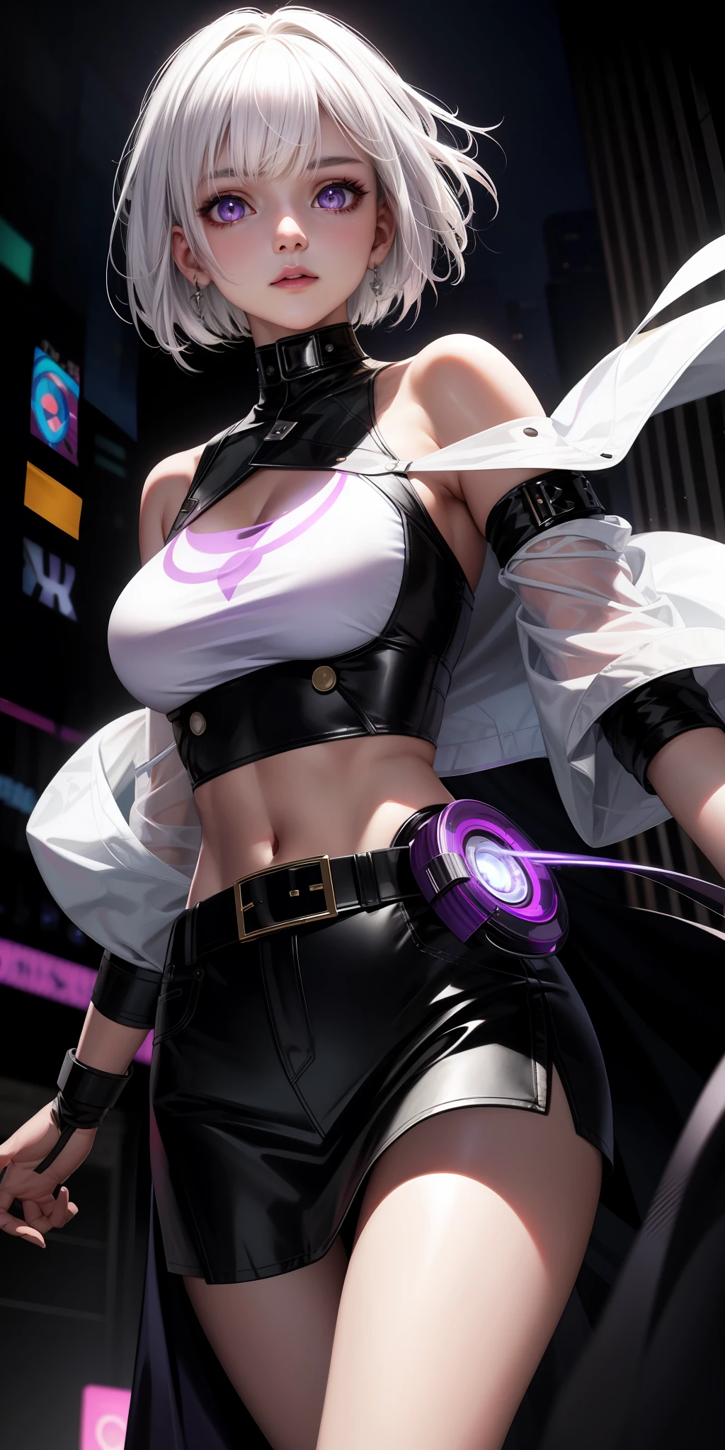 Realistic, 1girl, white hair, purple eyes, glowing eyes, cropped top, skirt,