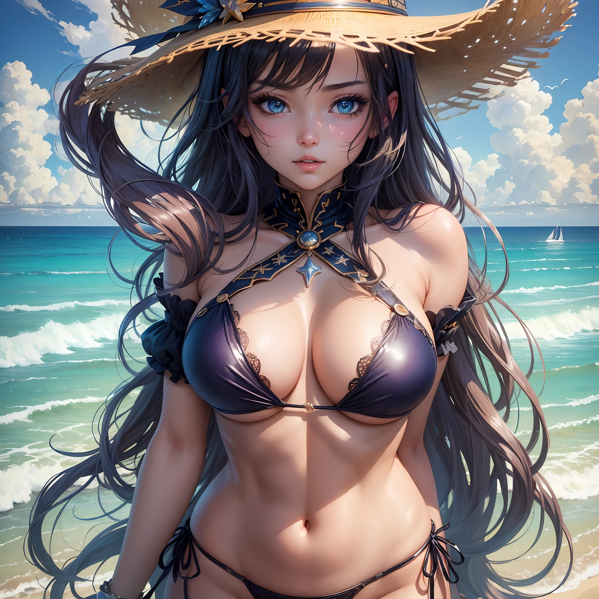 Masterpiece, top quality, super definition, illustration, captivating anime girls, (cowboy shot: 1.4), (viewer's POV: 1.4), micro bikini, beautiful eyes for details, beautiful brilliance in detail, lots of sparkle, seascape, beach, sand, yukana Yame --auto --s2