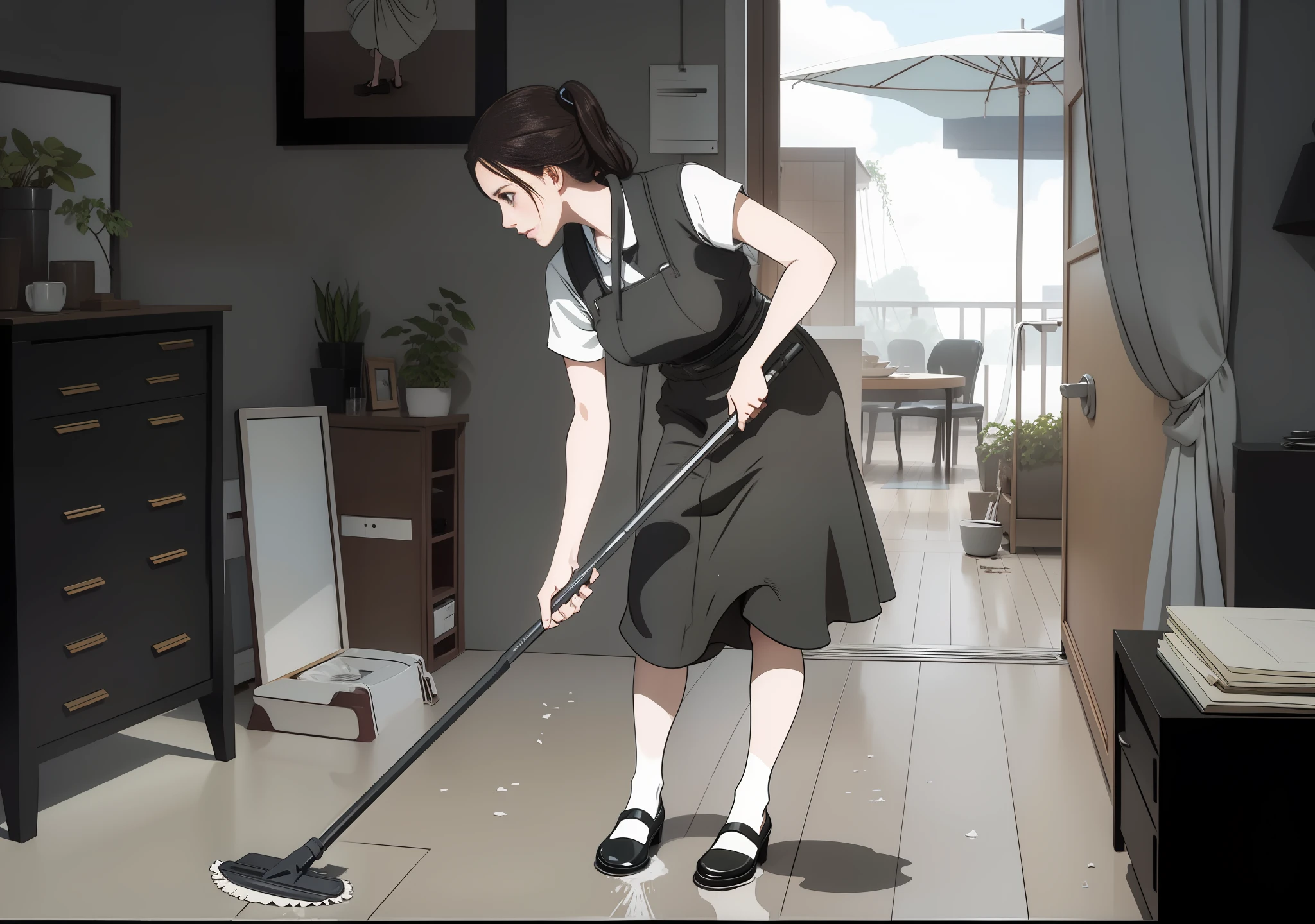 The woman is mopping the floor and there is only one person