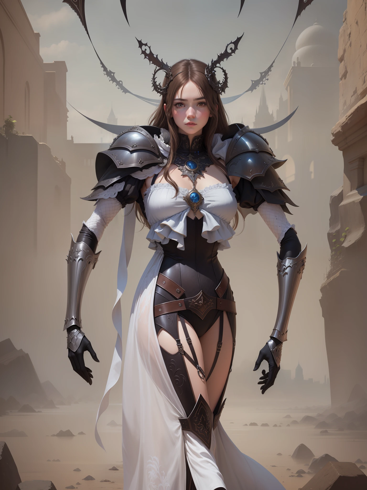 best quality, masterpiece, (realistic:1.2), 1 ghost girl , brown hair, brown eyes,Front, detailed face, beautiful eyes, gothic city, armor,