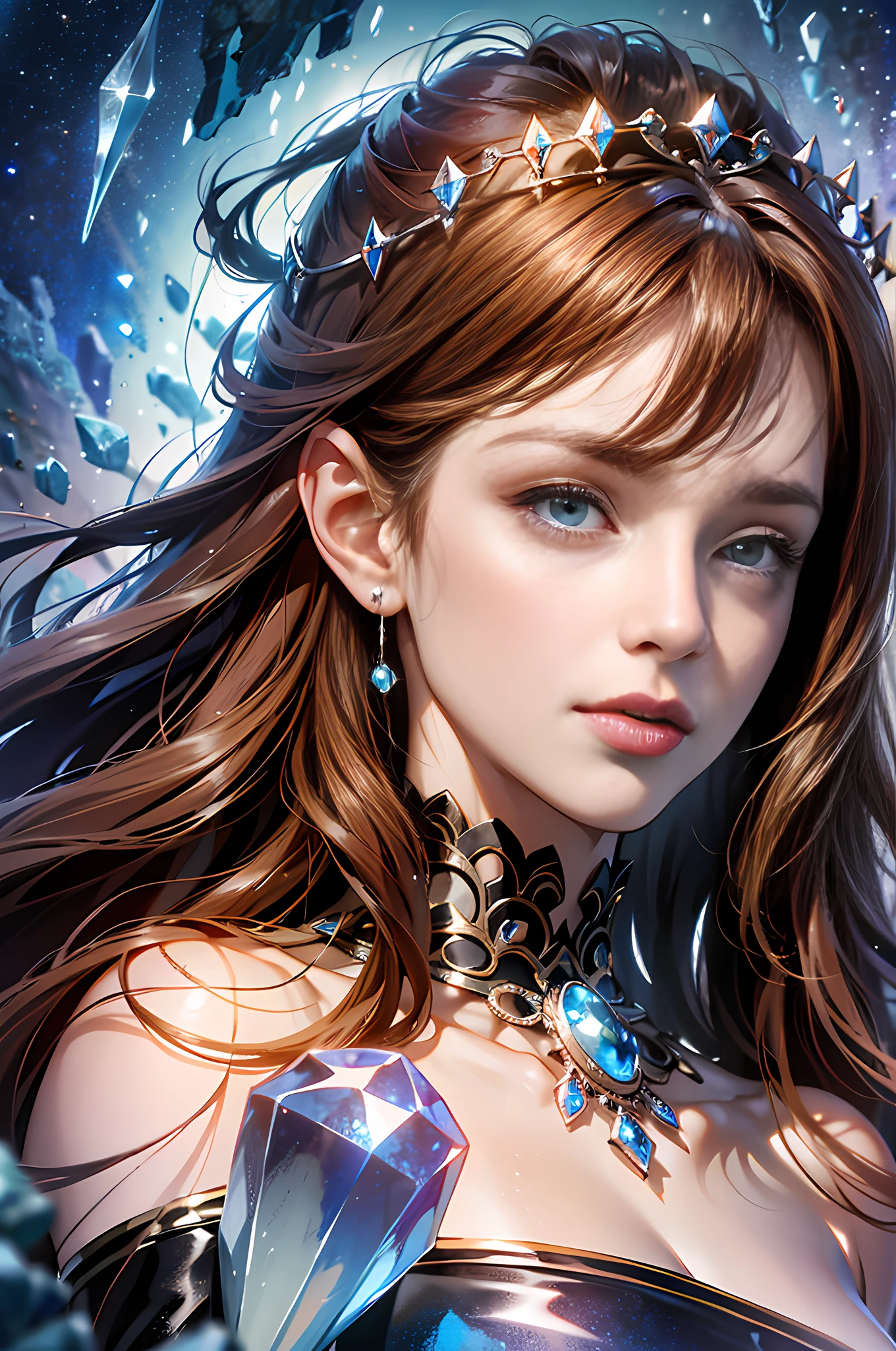 (absurdres, highres, ultra detailed), 1woman, mature female, aged up, wavy long hair, auburn hair, coral eyes, bangs, long sleeves, finely detailed eyes and detailed face, extremely detailed CG unity 8k wallpaper, intricate details, (style-swirlmagic:1.0), looking at viewer, solo, upper body, detailed background, close up, detailed face, (gothic dark ages theme:1.1), crystal sorcerer, dynamic pose, earth themed clothes, crystal crown, floating in the air, glowing magical shards, surrounded by blue magical crystals, rock formations, stalactites, magical floating particles, crystal glass, crystal sphere, crystal canyon background, (shallow water:0.7), epic ethereal atmosphere, updraft,, portrait