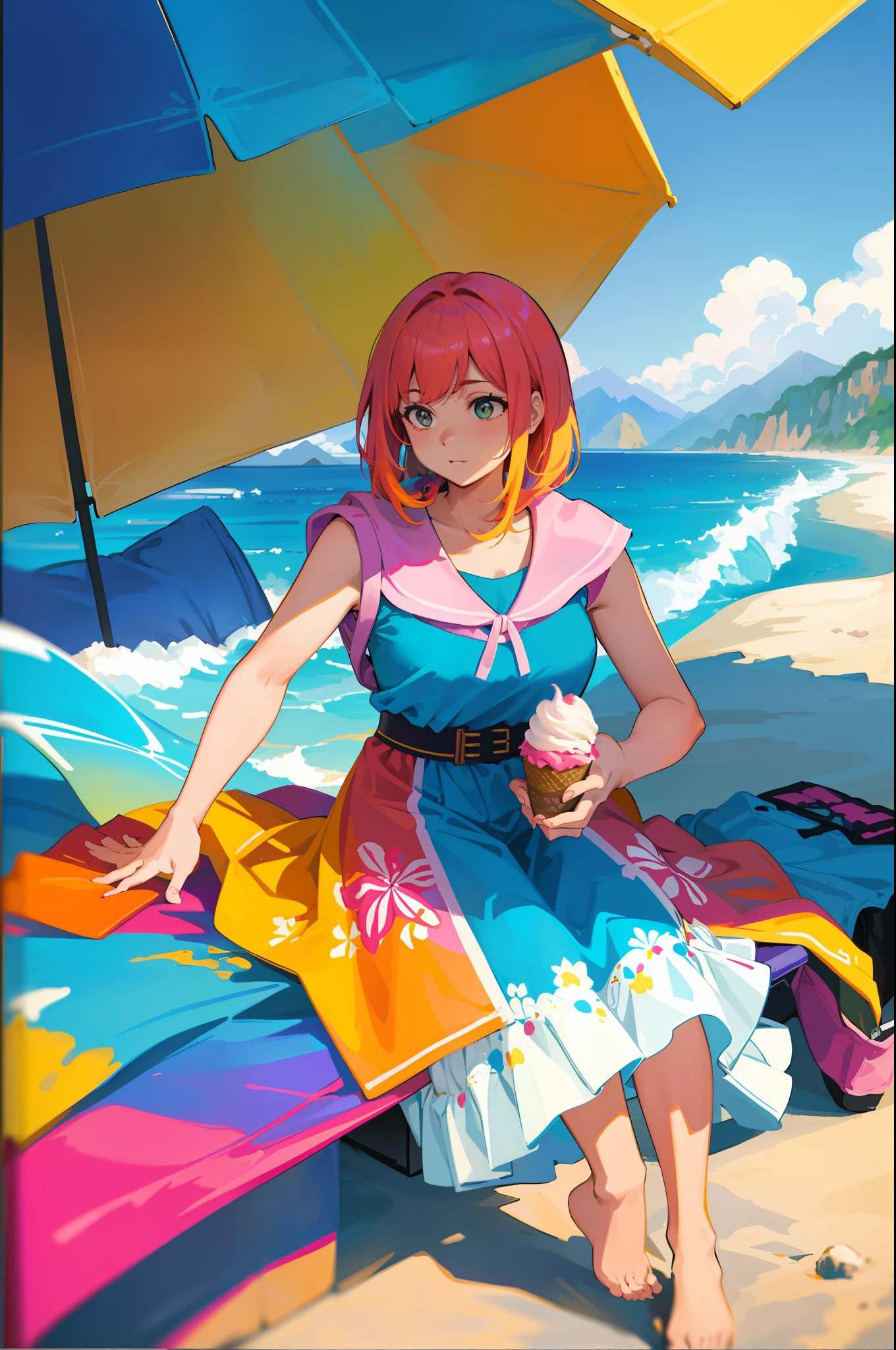 Masterpeace, Best Quality, 1 woman, 28 years old, (floral panties), bright colors, Volumetric lighting, Best shadows, Shallow depth of field, (Top quality, Amazing details: 1.25), Brilliant colorful paintings, nature, picnic, beach, sea, mountains, volleyball, backpack, ice cream, car