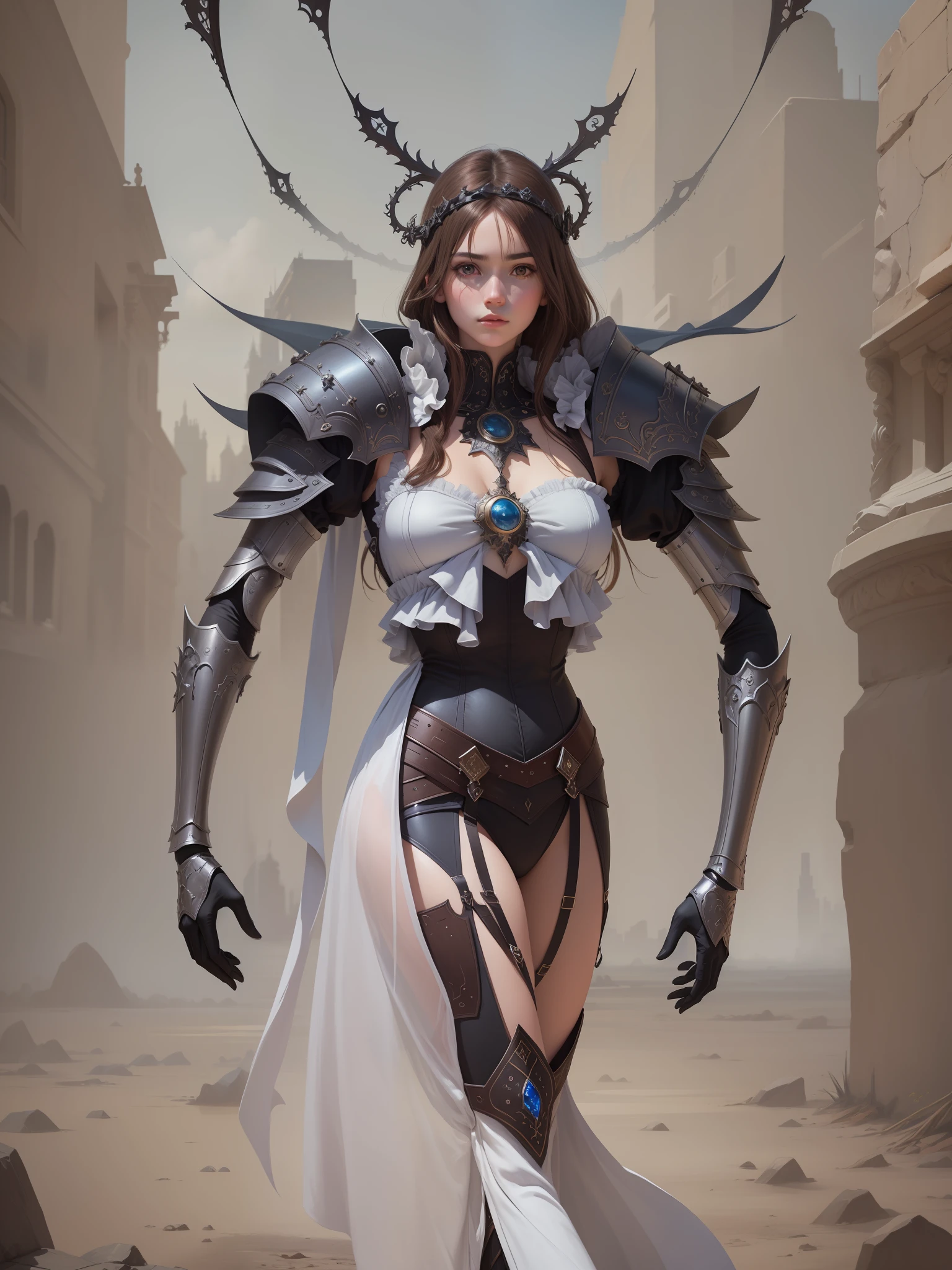 best quality, masterpiece, (realistic:1.2), 1 ghost girl , brown hair, brown eyes,Front, detailed face, beautiful eyes, gothic city, armor,