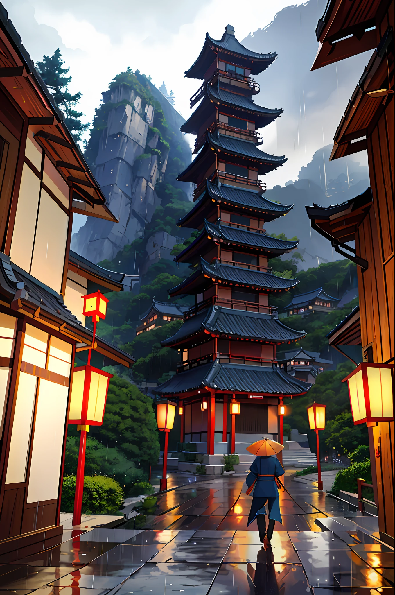arafed view of a village with a lot of lights on the buildings, dreamy chinese town, chinese village, amazing wallpaper, japanese town, japanese village, hyper realistic photo of a town, old asian village, japanese city, by Raymond Han, rainy evening, cyberpunk chinese ancient castle, beautifully lit buildings, at evening during rain, beautiful and aesthetic, photography, cinematic, 8k, high detailed ((Heavy rain)))