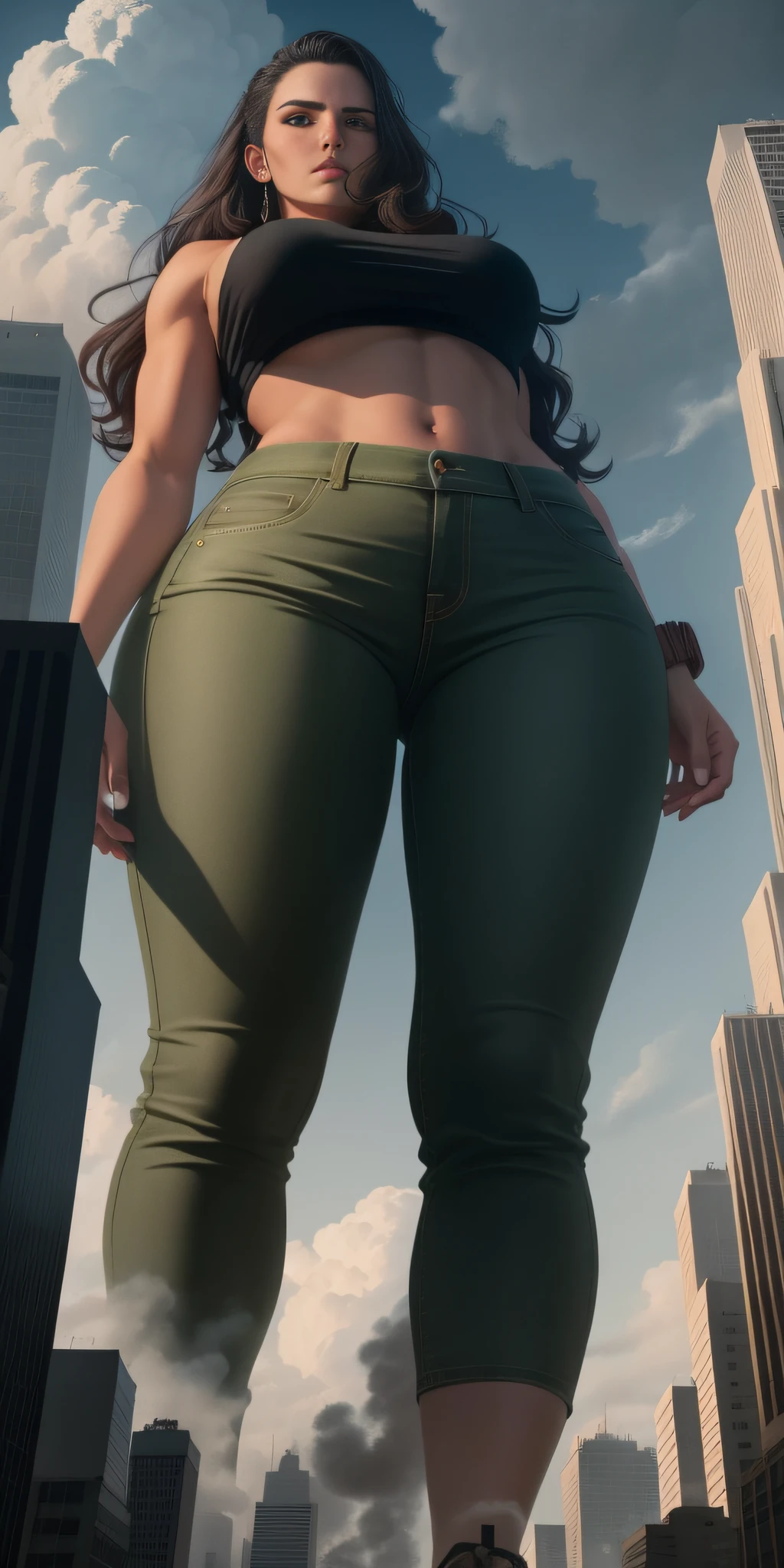 "A towering Giantess in a cool and laid-back hippie style is rocking a crop top and baggy pants. Her toned and athletic build hints at her massive strength. She seems to be casually strolling through the bustling cityscape of GTS City, as towering buildings loom overhead. Smoke and clouds roil around her, adding to the sense of epic scale and drama. The lighting is dark, gloomy, and realistic, creating a tense and ominous atmosphere. The perspective is from below, emphasizing the sheer majesty and power of the Giantess."
