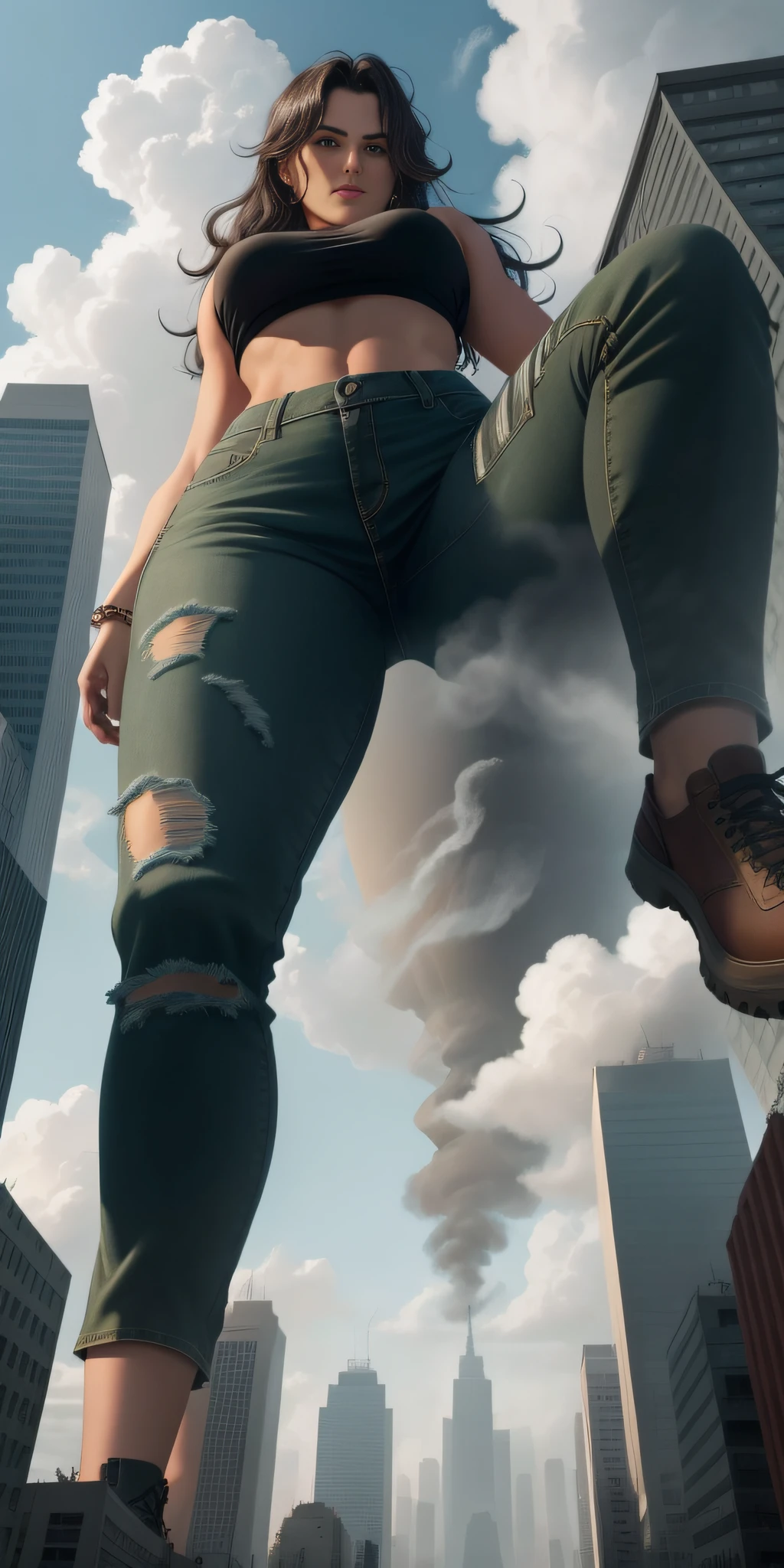 "A towering Giantess in a cool and laid-back hippie style is rocking a crop top and baggy pants. Her toned and athletic build hints at her massive strength. She seems to be casually strolling through the bustling cityscape of GTS City, as towering buildings loom overhead. Smoke and clouds roil around her, adding to the sense of epic scale and drama. The lighting is dark, gloomy, and realistic, creating a tense and ominous atmosphere. The perspective is from below, emphasizing the sheer majesty and power of the Giantess."