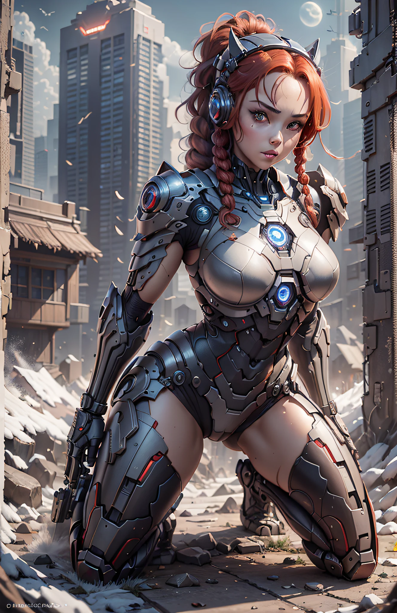 (Best Quality)), ((Masterpiece)), (Very Detailed: 1.3), 3D, Beautiful cyberpunk woman, red iron man cosplay, sci-fi technology, HDR (High Dynamic Range), ray tracing, nvidia RTX, super resolution, unreal 5, subsurface scattering, PBR texture, post-processing, anisotropic filtering, depth of field, maximum sharpness and sharpness, multi-layer texture, specular and albedo mapping, surface shading, accurate simulation of light-material interactions,  perfect proportions, octane rendering, duotone lighting, low ISO, white balance, rule of thirds, wide aperture, 8K RAW, high efficiency subpixels, subpixel convolution, light particles, light scattering, Tyndall effect, very sexy bikini, full body, battle pose, red hair with braids, bats in the sky notuno, full moon,