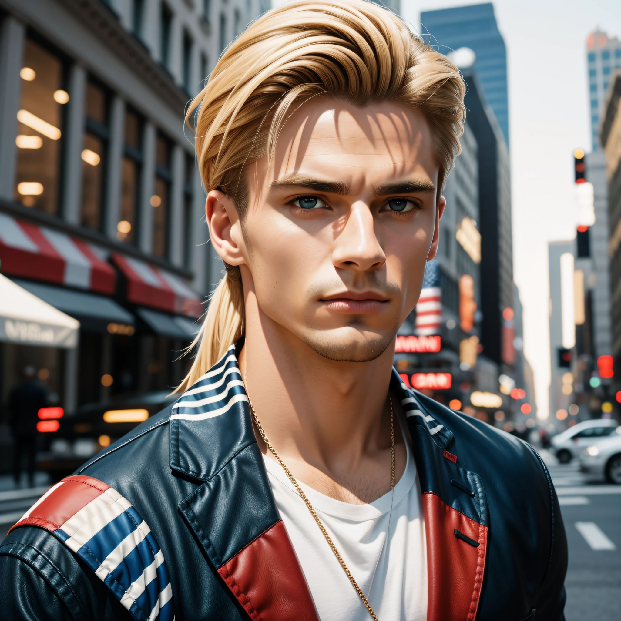 RAW Photo of stylish man, A strong jawline ,a healthy glow, Fair skin,Usa Flag themed outfit, Handsome,Usa citizen harsh details ,Eye catching photo, New york background Masterpiece picture, Blonde hair ,nikon d850 film stock photograph 4 kodak portra 400 camera f1.6 lens rich colors hyper realistic lifelike texture dramatic lighting unreal engine trending on artstation cinestill 800,8k,cinematic,cinematic shot,