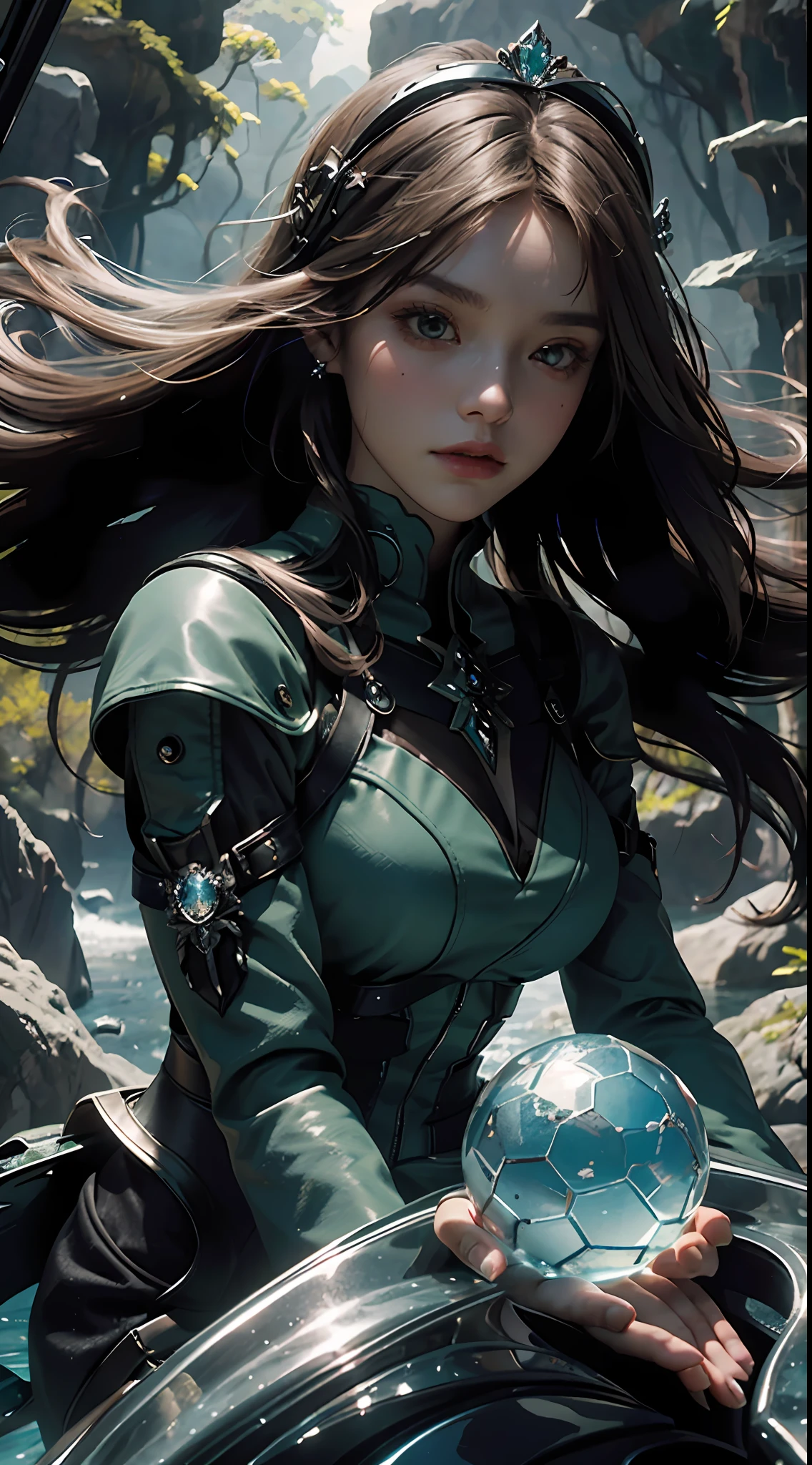 Highest image quality, outstanding details, ultra-high resolution, (realism: 1.4), the best illustration, favor details, highly condensed 1girl, with a delicate and beautiful face, dressed in a black and green mecha, wearing a mecha helmet, holding a directional controller, riding on a motorcycle, the background is a high-tech lighting scene of the future city. (ridiculous, high resolution, super detailed), 1woman, mature female, older, wavy long hair, russet hair, coral eyes, bangs, long sleeves, delicate eyes and delicate face, extremely detailed CG unity 8k wallpaper, intricate details, (style-swirlmagic:1.0), looking at viewer, solo, upper body, detailed background, close up, detailed face, (gothic dark ages theme:1.1), crystal sorcerer, dynamic pose, earth themed clothes, crystal crown, floating in the air, glowing magic fragments, surrounded by blue magic crystals, rock formations, stalactites, magic floating particles, crystal glass, crystal balls, crystal canyon background, (shallow water: 0.7), epic ethereal atmosphere, updraft, portrait