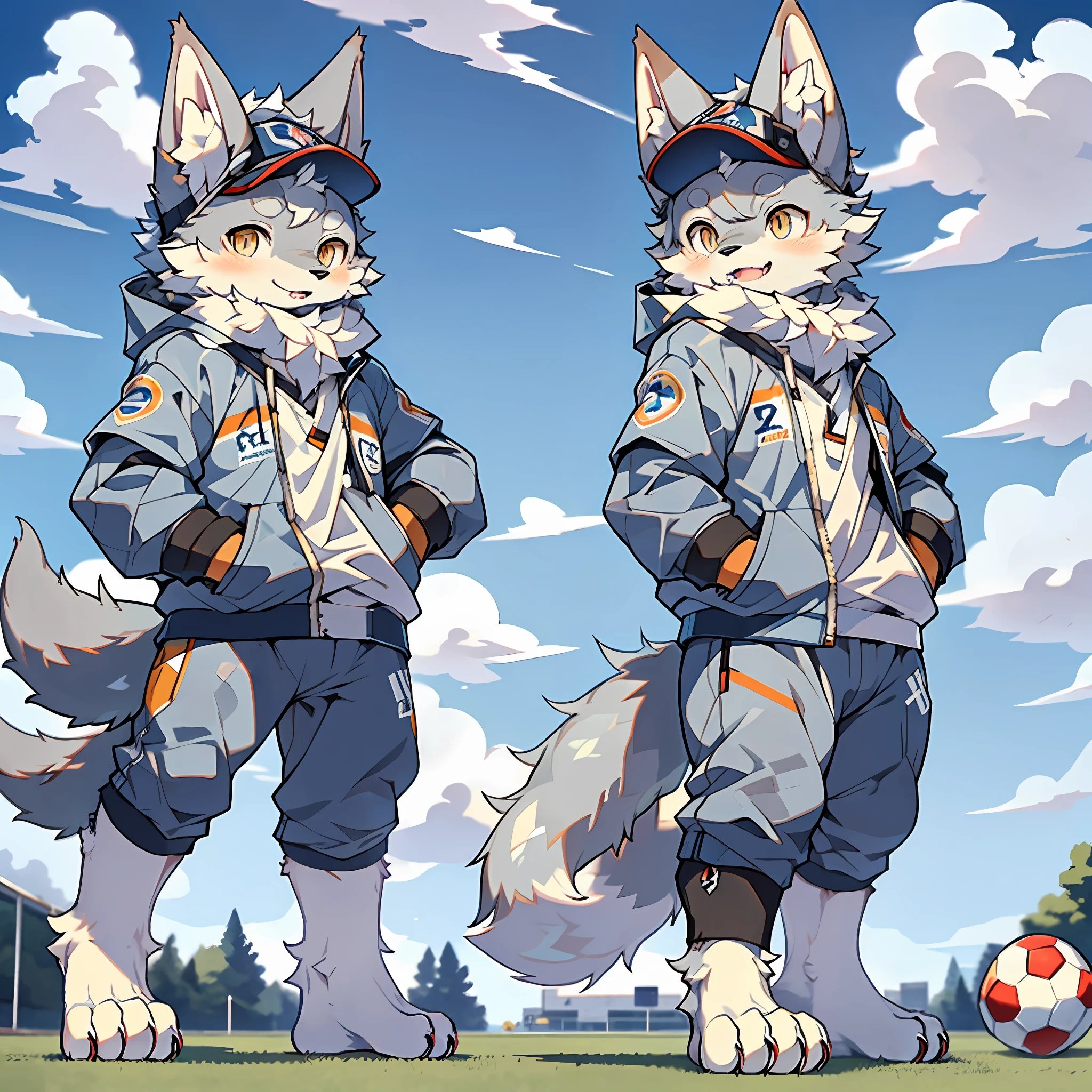 (Best Quality), (Masterpiece), ((Solitary)), (Ultra Detailed), (Furry), Full Body Furry, Furry, (Male Arctic Fox: 1.5), (Gray Skin: 1.3), (Fluffy Tail: 1.2), Character Focus, (Golden Eyes), (Canine Paws), (Grey Ears), Sharp Focus, (Furry of Animal Ears), (Sports), ((Wearing a Football Suit)), (Playing Soccer))),, Sweating, On a Football Field, Detailed Background, Sunny Day, blue sky and white clouds