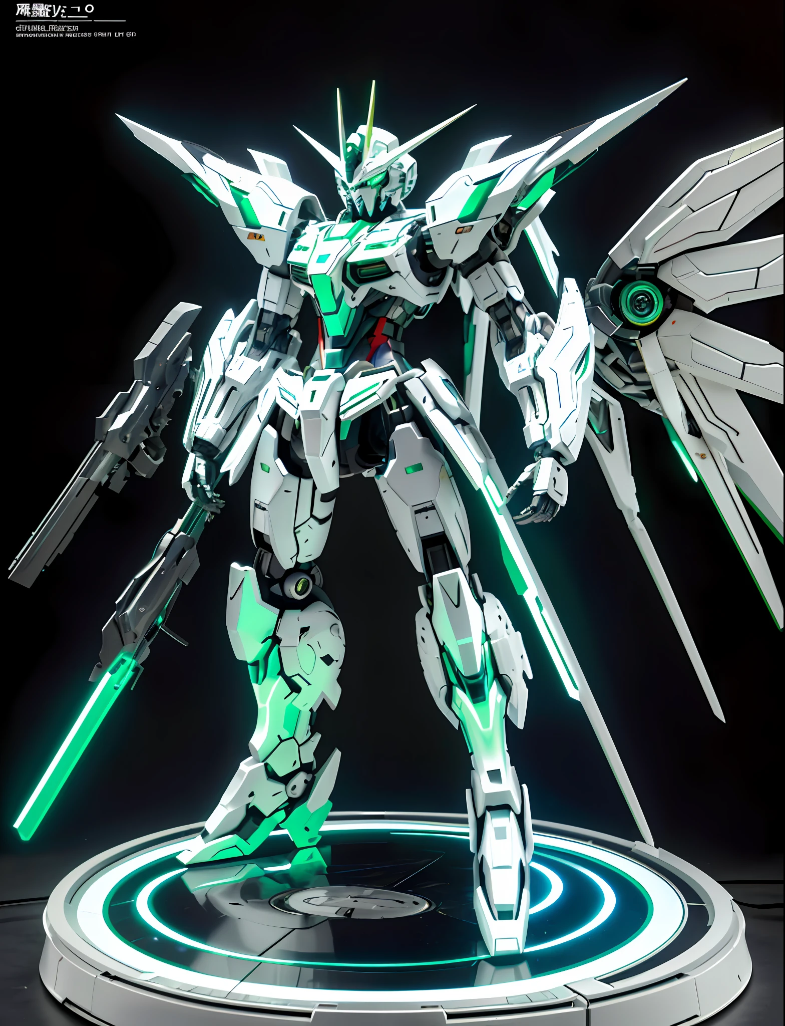 robot, top quality, high definition, super detail, masterpiece, 8K wallpaper, ((Gundam color), light green eyes), absurdity, high resolution, ultra-fine illustration, absurdity, solo, game CG, lord, night, (black light: 1), (detailed beautiful face and eyes: 1.0), (full body feminine form: 1.5), command spell, mecha girl, mask, mechanical parts, robot joint, , full armor, (Full body: 1.5), shining eyes, mech, standing and holding a rifle, watching the viewer, Skinny, Mechanical Wing, ((Aircraft called White Devil)), ((Fluid Armor, Psycho Mu Machine, Funnel Mounted)),
