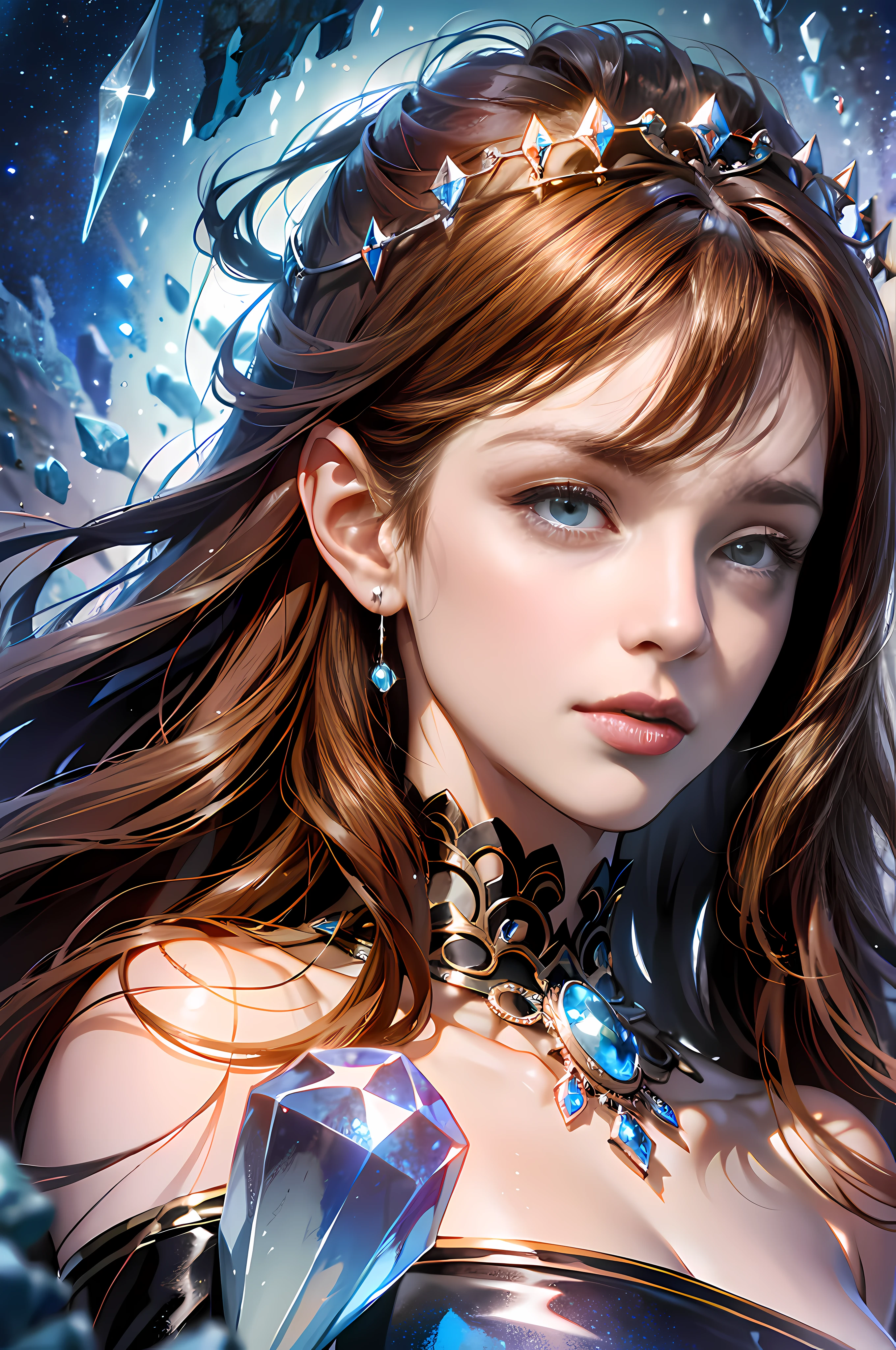 (absurdres, highres, ultra detailed), 1woman, mature female, aged up, wavy long hair, auburn hair, coral eyes, bangs, long sleeves, finely detailed eyes and detailed face, extremely detailed CG unity 8k wallpaper, intricate details, (style-swirlmagic:1.0), looking at viewer, solo, upper body, detailed background, close up, detailed face, (gothic dark ages theme:1.1), crystal sorcerer, dynamic pose, earth themed clothes, crystal crown, floating in the air, glowing magical shards, surrounded by blue magical crystals, rock formations, stalactites, magical floating particles, crystal glass, crystal sphere, crystal canyon background, (shallow water:0.7), epic ethereal atmosphere, updraft,, portrait