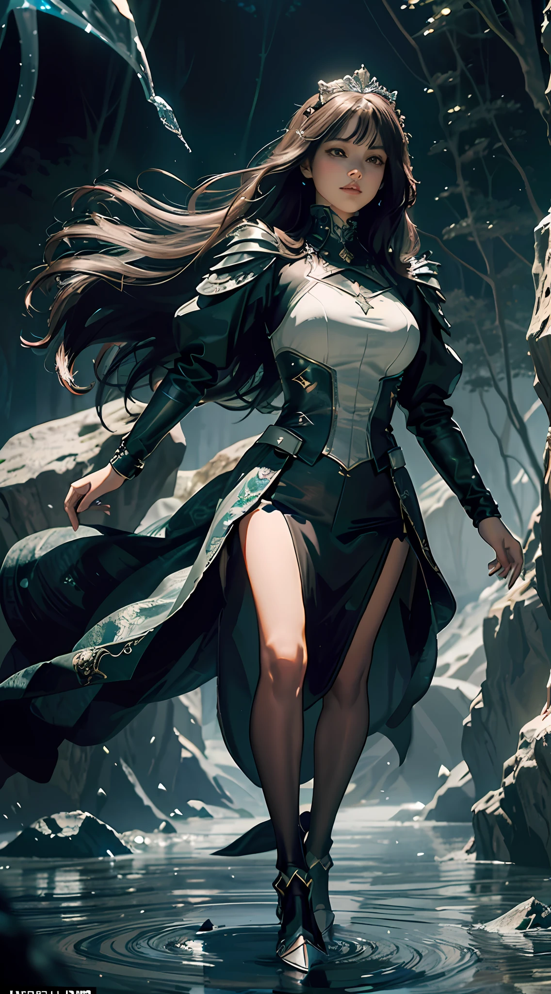 arafed woman in a black and white outfit standing in a cave, of a beautiful female knight, beautiful female knight, ornate cosplay, by Yang J, stunning armor, gorgeous female paladin, stunning cgsociety, wojtek fus, wearing techwear and armor, dark fantasy style, beautiful armor, by Leng Mei, fantasy character photo