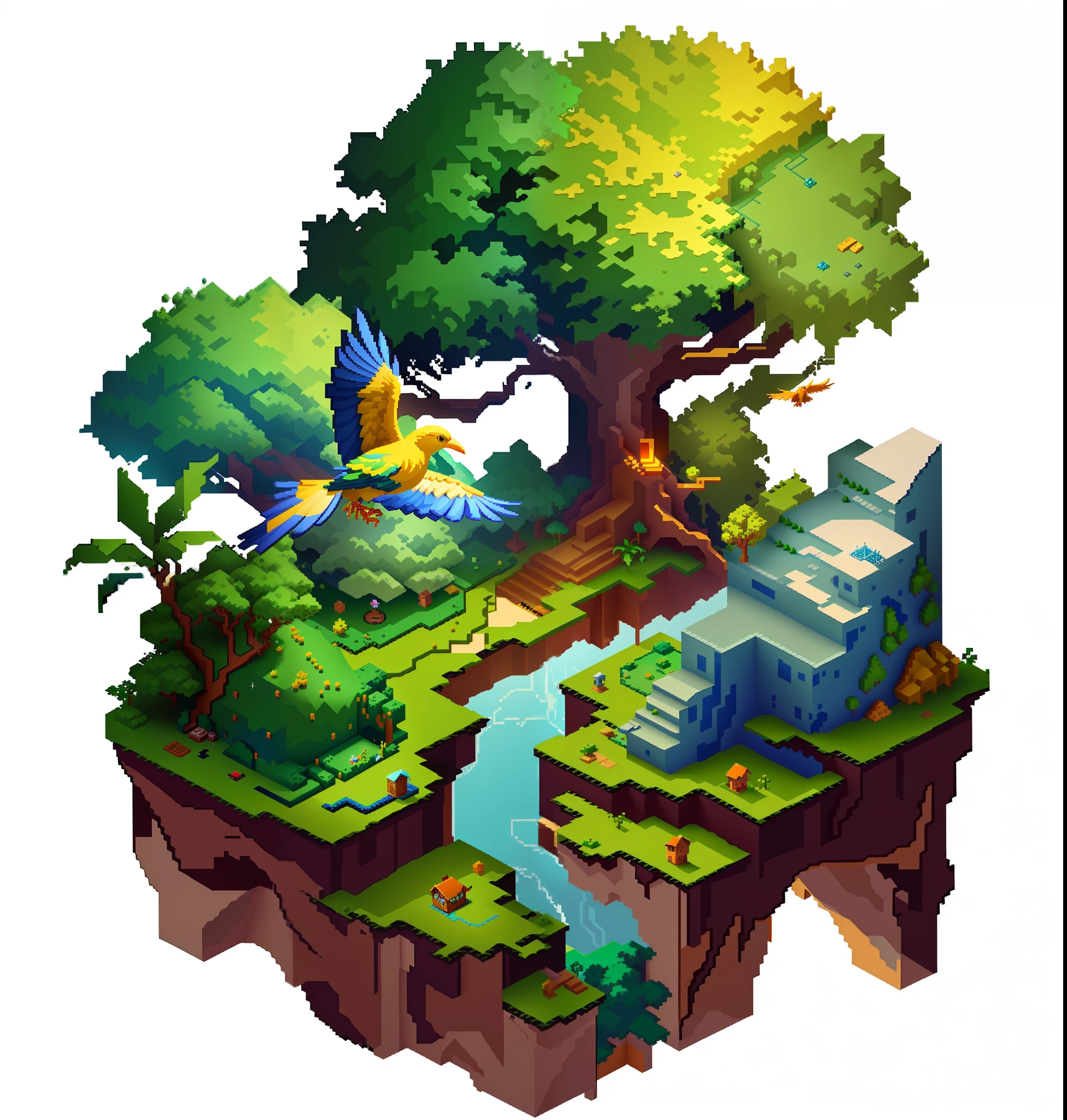 a cartoon picture of a bird flying over a small island, isometric game art, isometric 2 d game art, isometric island in the sky, isometric art, graphic of enchanted terrarium, flying island, isometric invironment, isometric 3d fantasy, isometric 3d fantasy island, isometric game asset, isometric pixel art --auto --s2