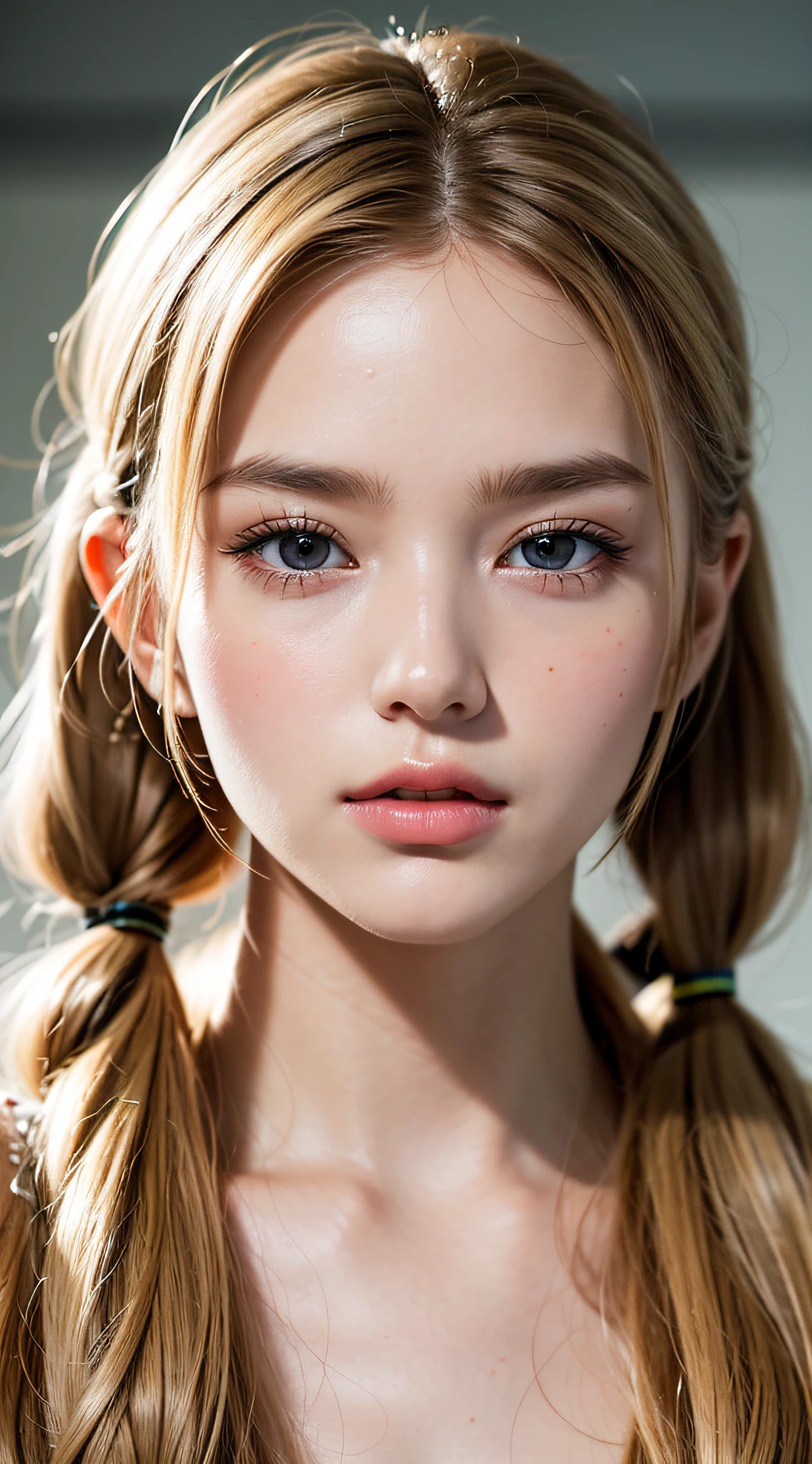 Caucasian model at 12 years old, close-up, masterpiece, top quality, raw photo, photorealistic, face, incredibly ridiculous, beautiful girl, cute, detailed eyes, Pigtails with whole hair tied together on shoulders, depth of field, High resolution, Ultra detail, Fine detail, Very detailed, Very detailed eyes and face, Sharp pupils, Realistic pupils, Sharp focus, Cinematic lighting , Cohesive hairstyle, Blonde, Clean clothing, Face closeup, Masterpiece, Realistic skin texture, Ultra detailed, Lustrous hair and skin