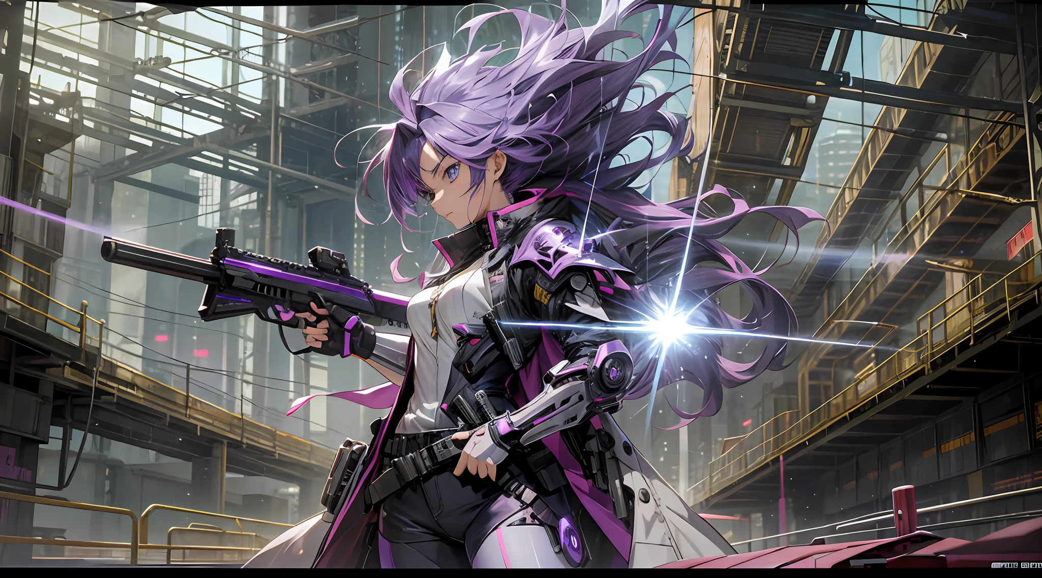 anime girl, guns, coat, armor, midnight, purple hair, futuristic, cyberpunk, epic lighting, cool, fighting, magic, double gun, pistols, bullets, futuristic, fantasy, explosions, jumping, action, blue eyes, side view, details