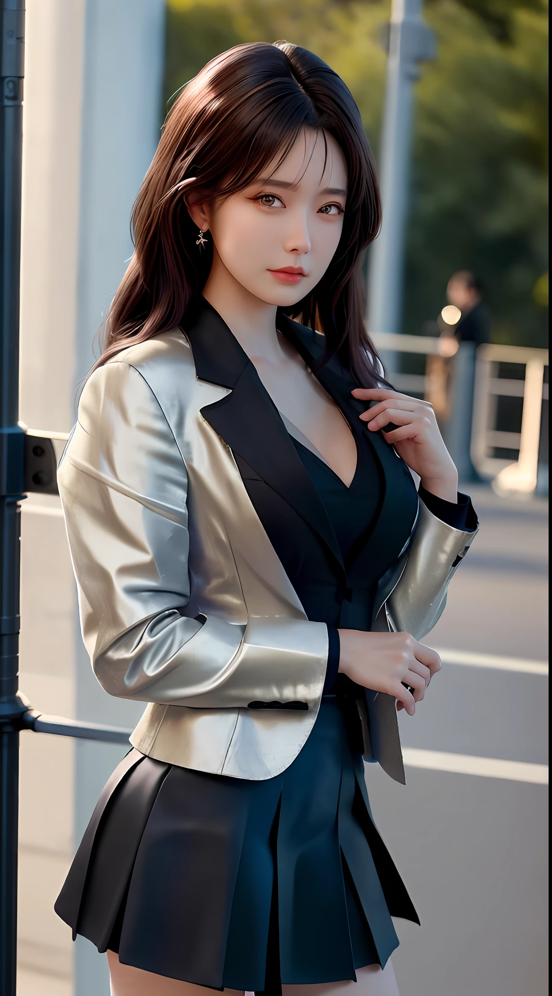 best quality, masterpiece, 1girl, Beautiful face, (photo realistic:1.3), rim lighting, (high detailed skin:1.2), 8k uhd, dslr, high quality, high resolution, 4k, 8k, Bokeh, absurdres, best ratio four finger and one thumb, (realistic:1.3), cute 1girl, wearing black formal blazer, medium breasts, short skirt,