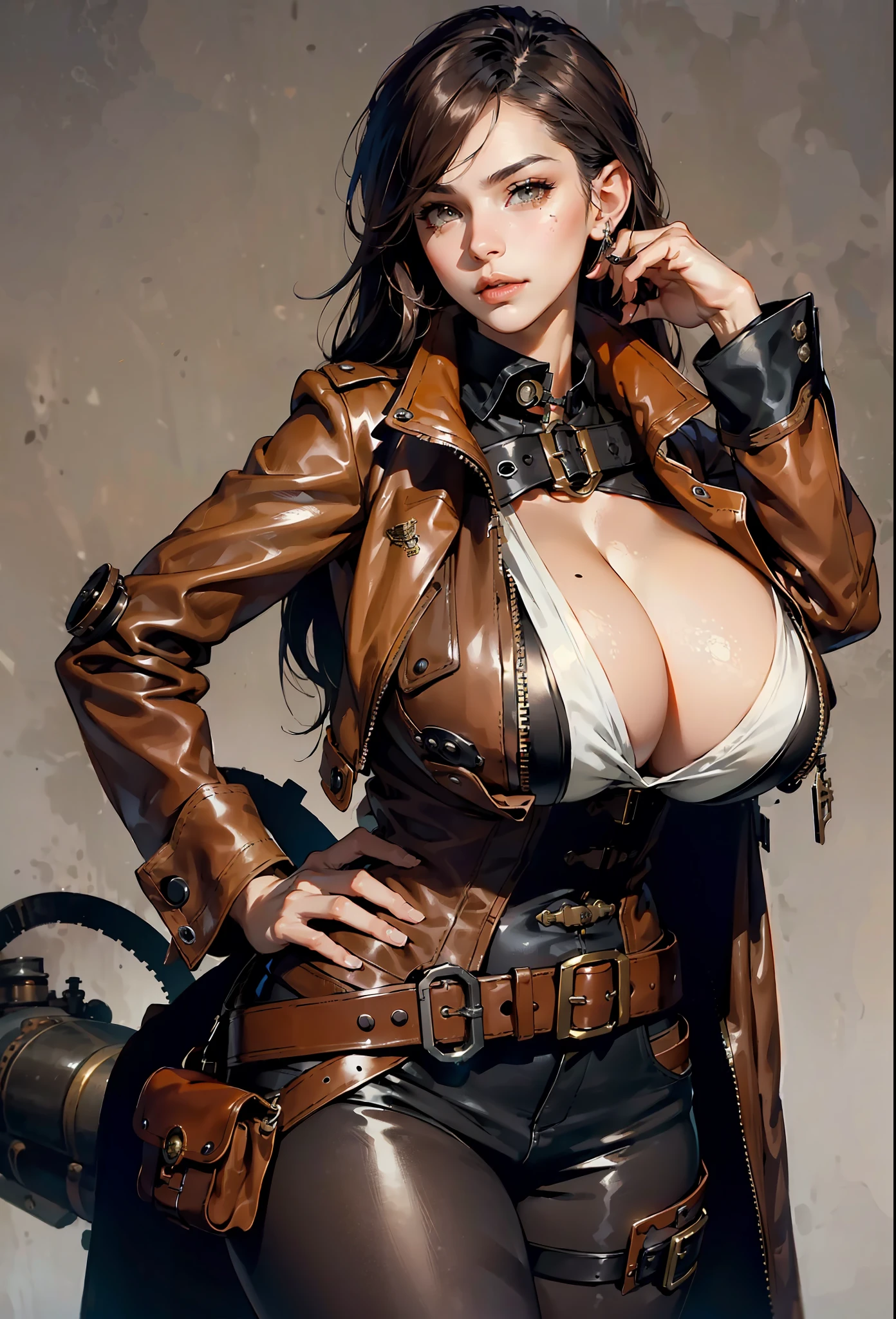 brown clothes colors, steampunk colors,here is a woman in a leather jacket,sexy pose,suggestive lascive face expresion, steampunk beautiful anime woman, by Yang J, female anime girl, stunning character art, anime girl, high quality steampunk art, cyberpunk anime girl, steampunk fantasy style, steampunk concept art, wojtek fus,(((steampunk background,gigantic sagging breast:1.5, pezones en punta :1.5,areola de pezon visible:1.5 )))