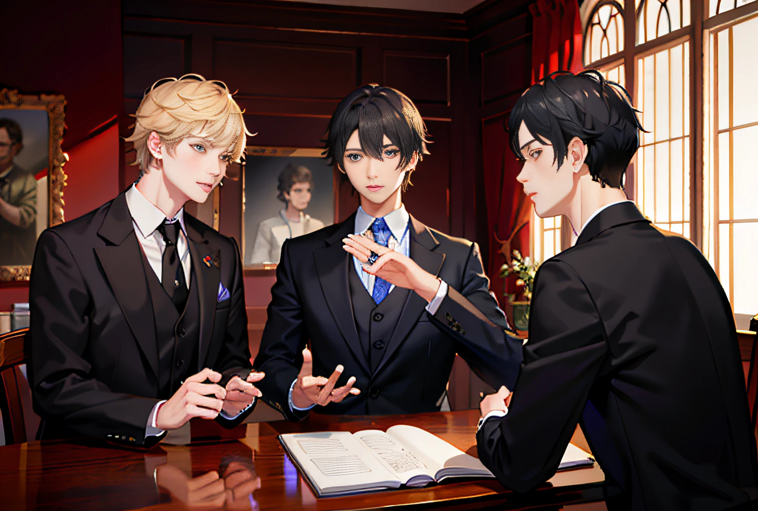 (Absurd, Master Masterpiece, Ultra HD, 8K Resolution, 4K HD,) 3 men in the room discussing things with expressions of panic