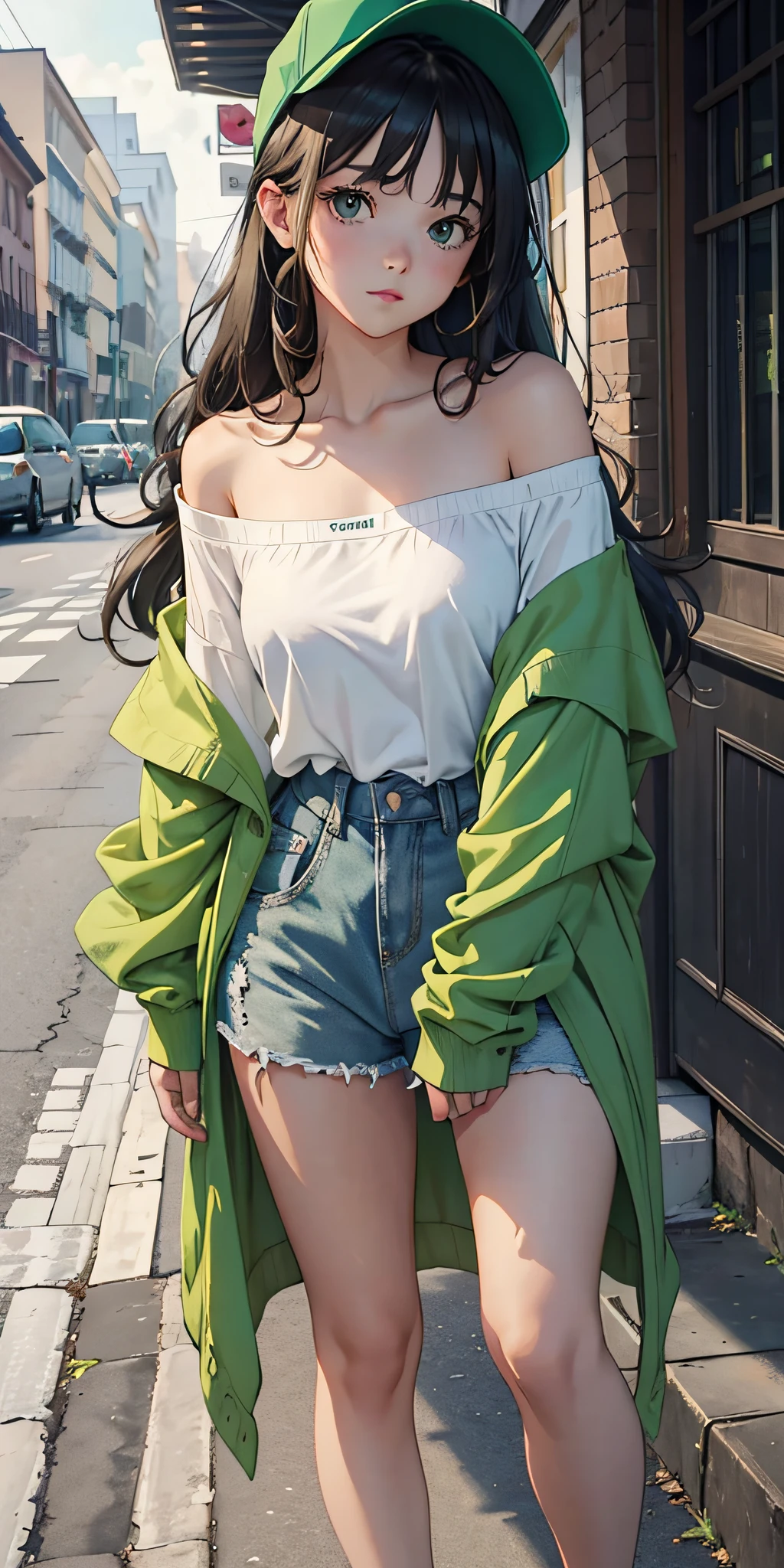A girl wearing an oversized green loose shirt, off-the-shoulder, off-the-shoulder, long hair with big waves, romantic, bare legs, no pants, green canvas shoes, street in the background, white cap