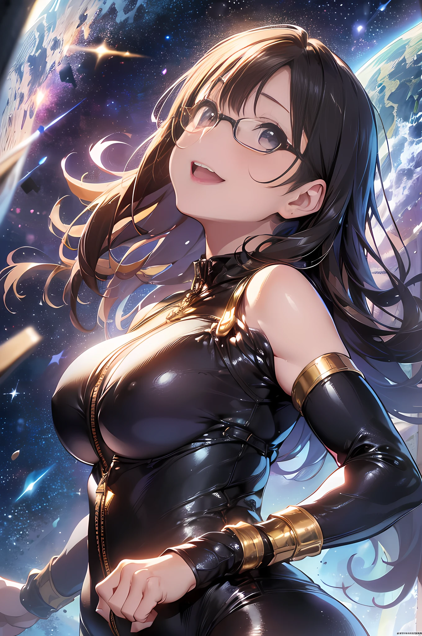 Space universe background:1.3, gas, stars, black hole, Enterprise as Star Trek:1.3, (slow motion:1.3), (motion blur:1.3), n at midnight)), (space universe background), liberation, (shiny eyes, upturned eyes:1.3), (ear breathing), ((happy, light smile:1.3)), solo focus, starry night, (wearing a gold sleeveless full-zip mechanical bodysuit:1.3), she has shiny-brown braid hair style, bangs, (huge-breasted:1.35), fat, glasses, shackles, 7.5 life size, detailed clothes, detailed body, detailed arms, human hands, detailed hands, blush, open mouth, looking up the viewer, facing up the viewer, (((sexy model posing, standing, grabbing the own-breast by both her hands)), from below, low angle, studio soft light, cinematic light, detailed background, realistic, ultra-realistic, masterpiece,