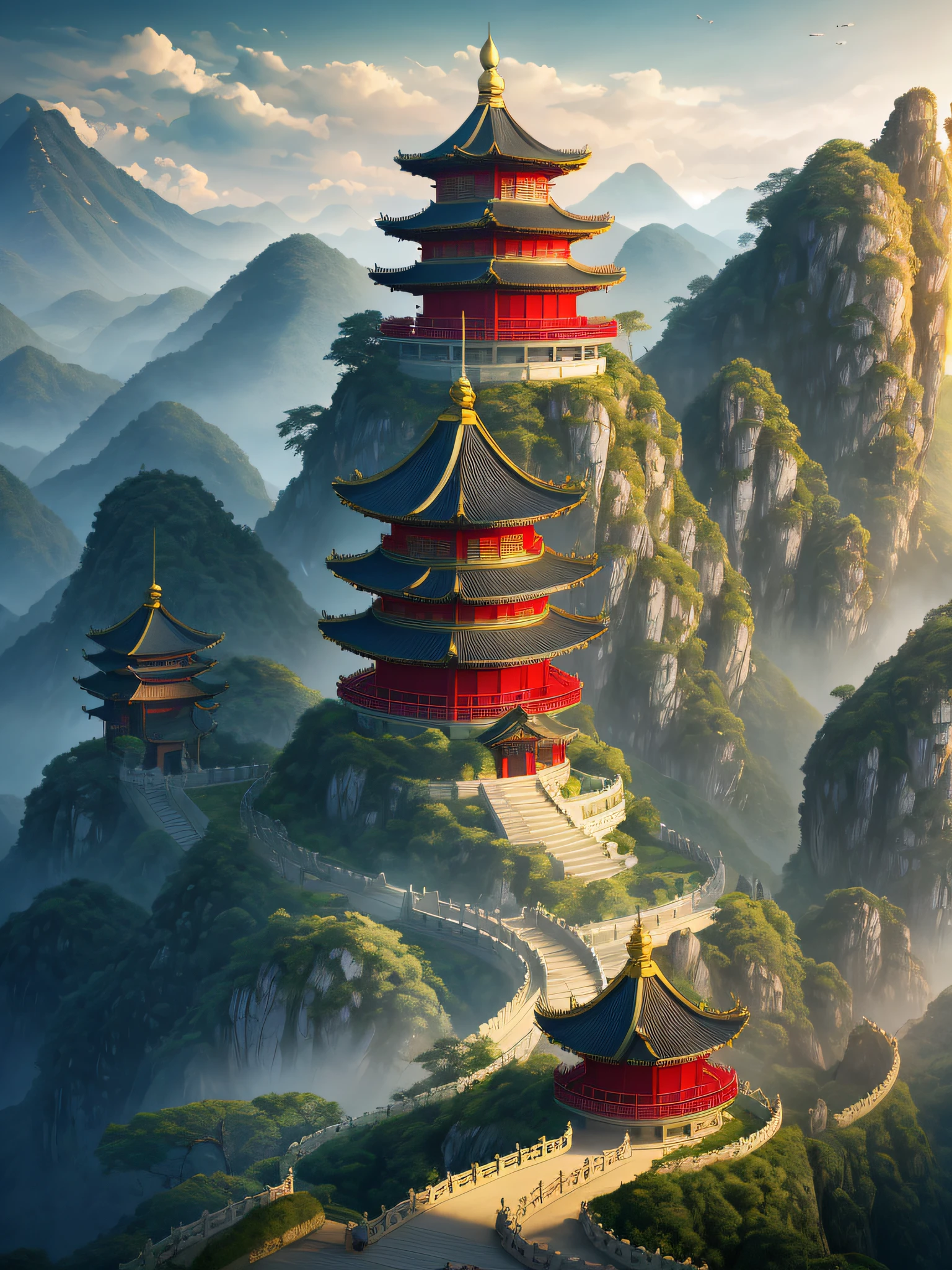 Mountain view with pagoda, pagoda is very high, CG Society competition winner, fantasy art, Chinese landscape, Chinese fantasy, composed of trees and fantasy valley, ancient city landscape, impressive fantasy landscape, the most epic landscape, pagoda on the mountain, mountainous jungle environment, avatar landscape,