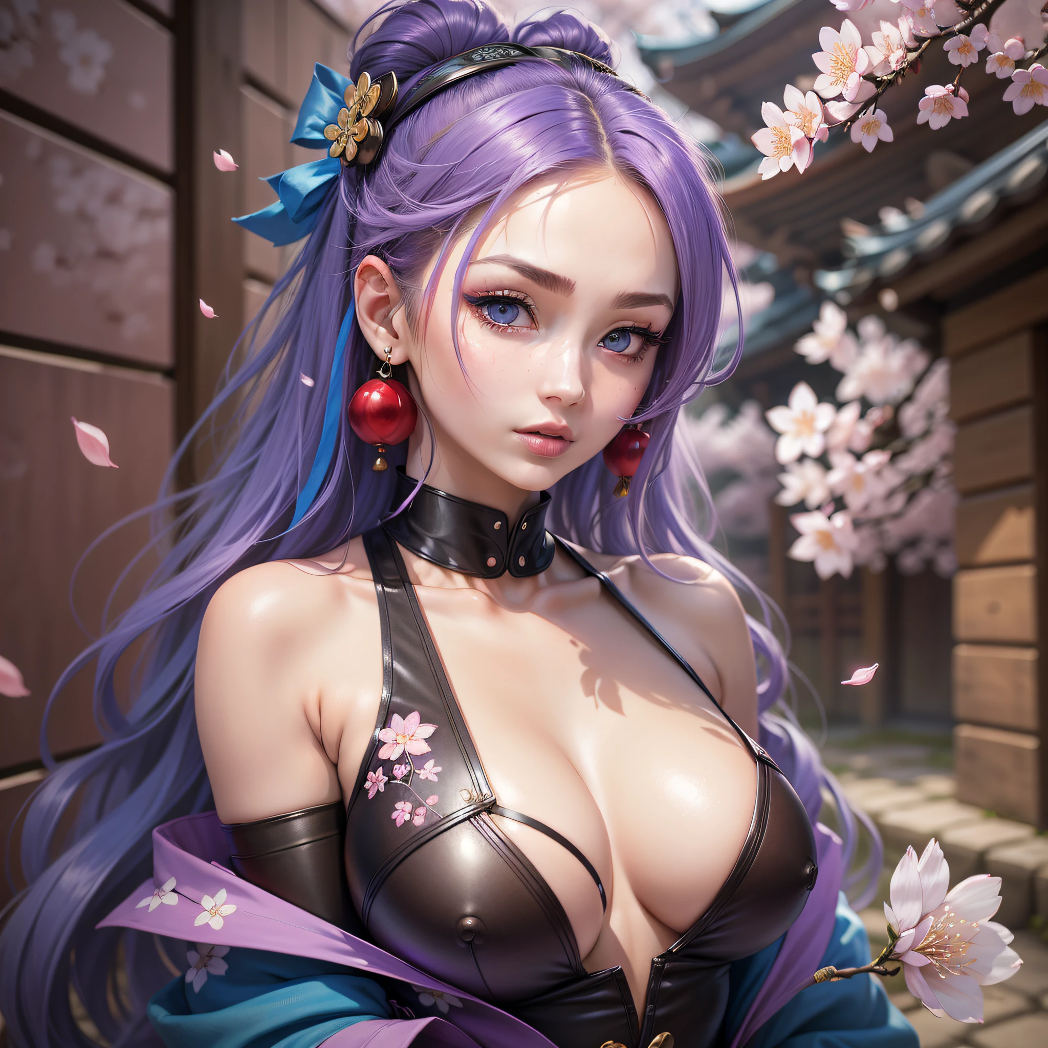 Masterpiece, Superb Quality, 1Girl, Solo, Intricate Detail, Color Aberration), Realism, ((Medium Breath)), Bare Shoulders, Big Breasts, Sexy, Kasha, Long Purple Hair, Blue Headgear, Red Highlight, Hair Above One Eye, Blue Eyes, Earrings, Sharp Eyes, Perfect Symmetrical Figure, Choker, Open Jacket, Turtleneck, Against a Wall, Brick Wall, Graffiti, Dim Lighting, Alley, Looking at the Audience, ((Mean, Seductive, Glamorous)), (((Cherry Blossom Background))), (( Japanese temple background))), (((luminous background)