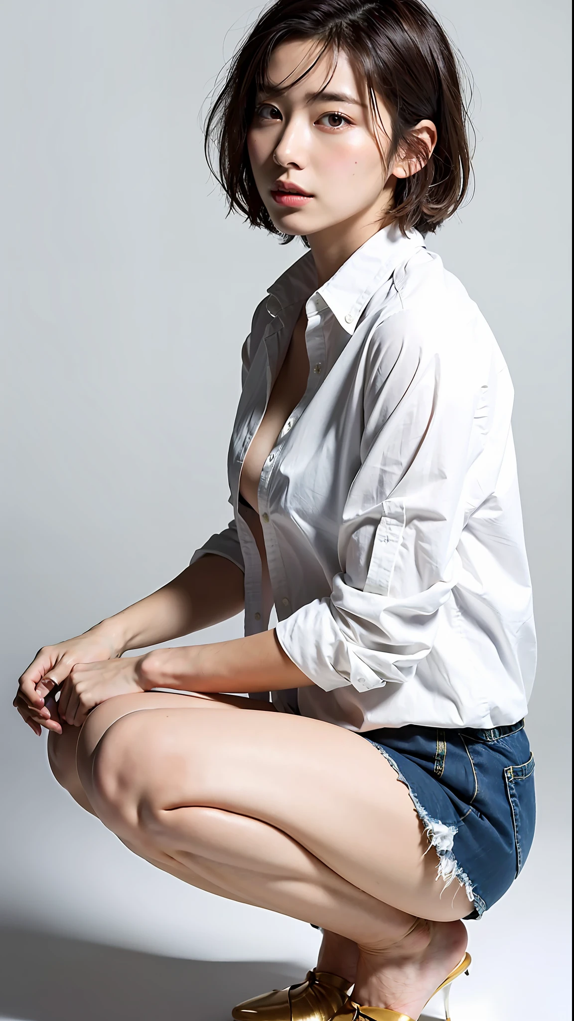 (Best quality, 8k, 32k, Masterpiece, UHD:1.2),Photo of Pretty Japanese woman, short hair,squatting,white open shirt, simple background,