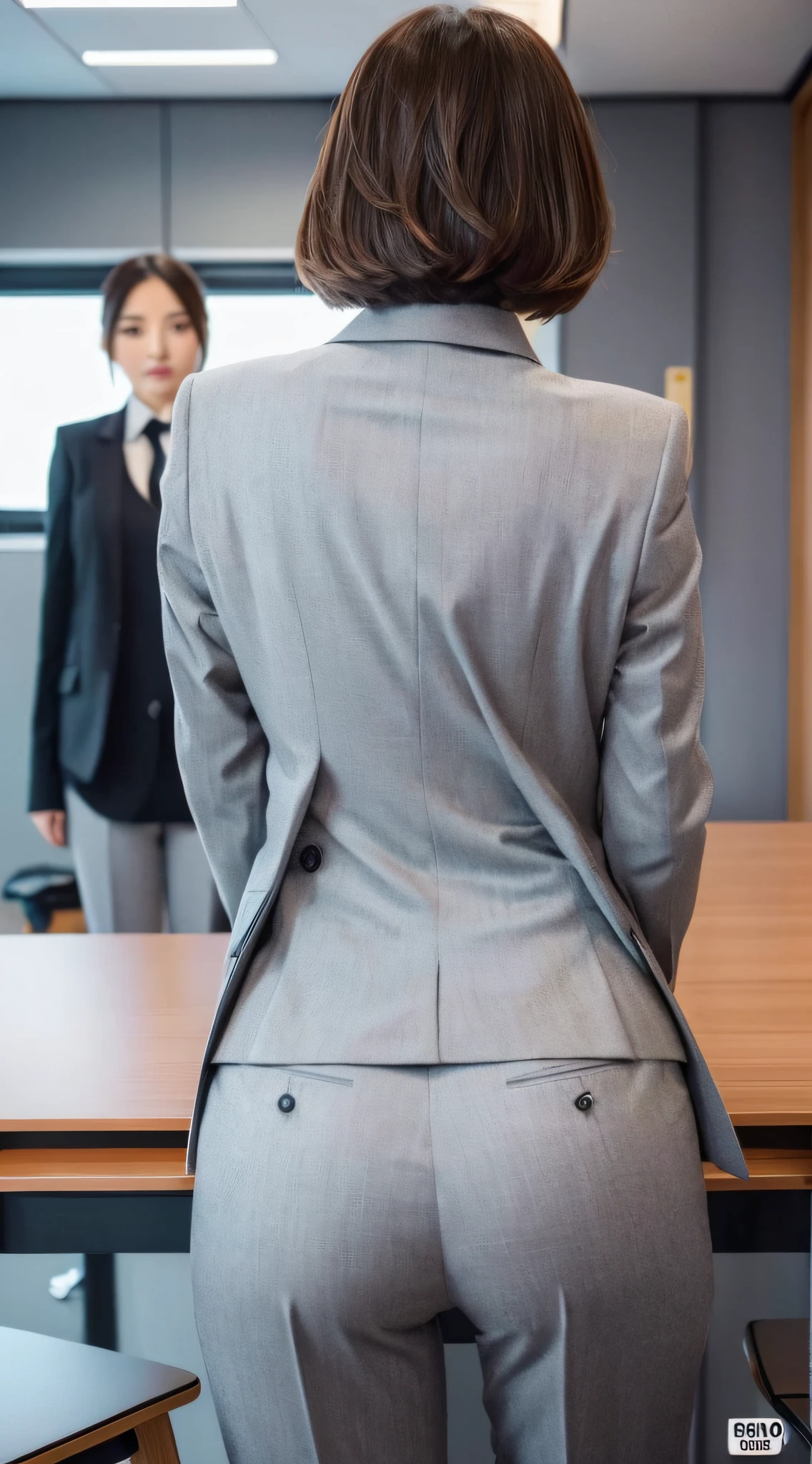 (Best quality, 8k, 32k, Masterpiece, UHD:1.2), 1girl, beautiy Japanese woman, narrow waist, grey suit, open jacket, office lady, suit, pants, from behind, office room, desk,  (stick out one's buttocks:1.2), detailed face, short hair, looking at viewer