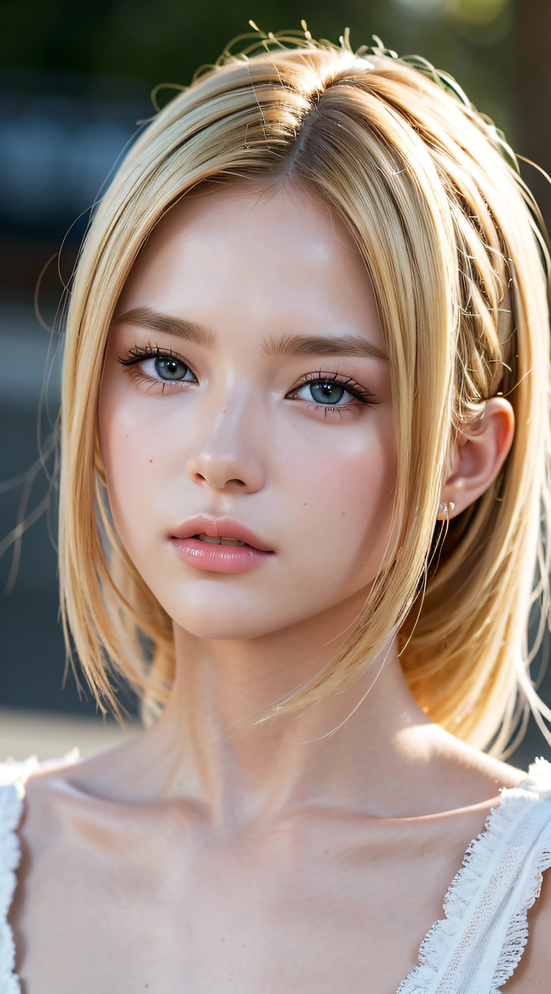Caucasian model at , close-up, masterpiece, top quality, raw photo, photorealistic, face, incredibly ridiculous, beautiful girl, cute, detailed eyes, street fighter camie hairstyle, depth of field, high resolution, ultra detail, fine detail, highly detailed, very detailed eyes and face, sharp pupils, realistic pupils, sharp focus, Cinematic lighting , Cohesive hairstyle, Blonde, Clean clothing, Face closeup, Masterpiece, Realistic skin texture, Ultra detailed, Lustrous hair and skin