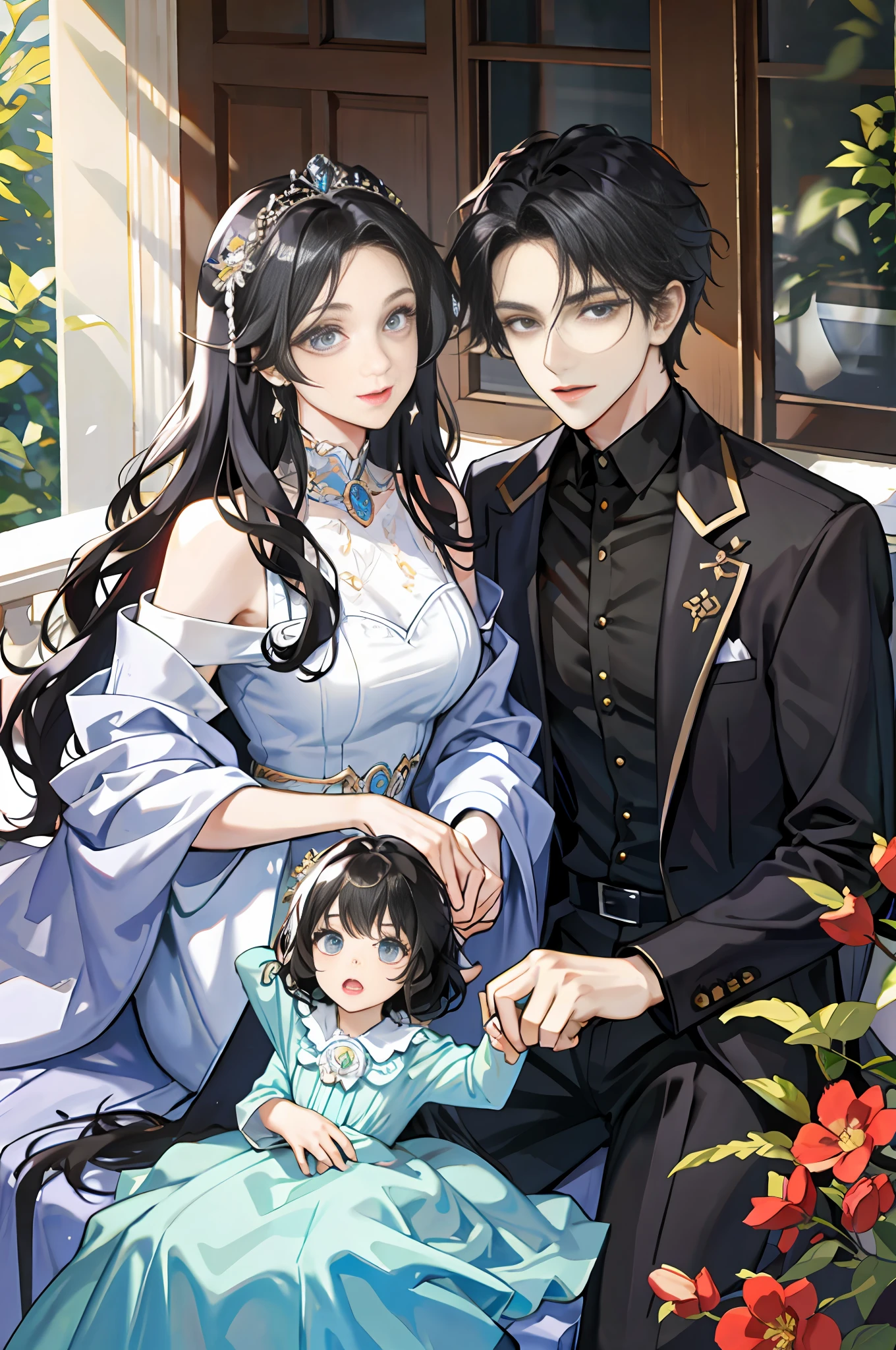 family, royal, elegant, good looking, kids, detailed, 4k, mom and dad, son and daughter, beautiful family, detailed eyes, pretty hair, handsome man, gorgeous woman, fine mom, hot dad, pretty kids, hot parents, kids, daughter, sons, mom with black hair, dad with different color hair