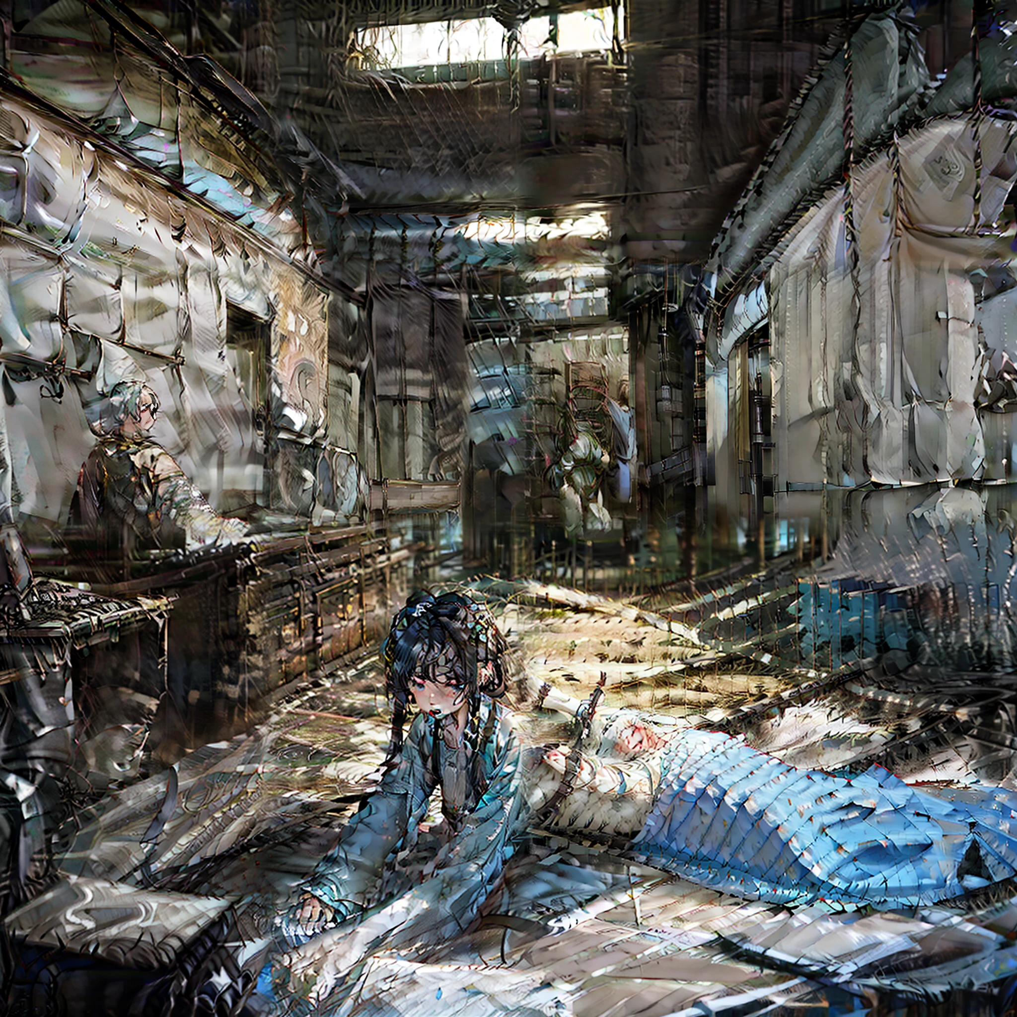 A frail girl lay in the makeshift operating room of an abandoned factory, surrounded by soldiers rushing in with weapons, and a light illuminated her