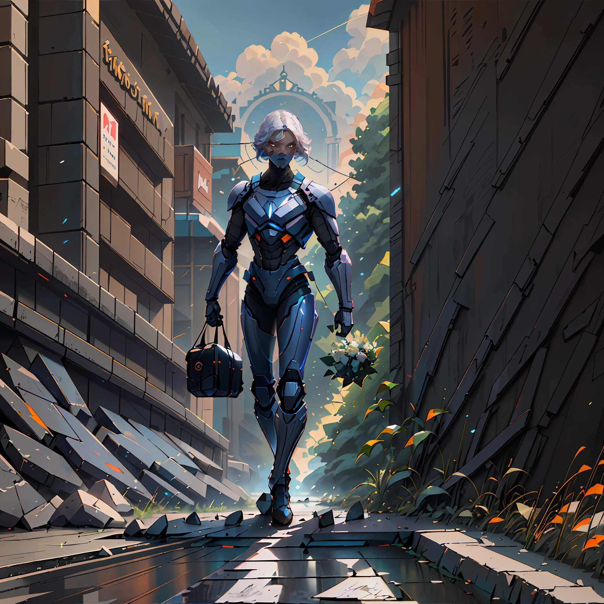 Photography: Steve McCurry, Warm Positive Professional Photo, IPA Award Winner, Haselbland Award Winner, Young Charming Female Robot Standing on Asphalt Wind Above Hair, Detailed Busy City, Perfect, Face, Robot Suspended in the Air, Very Warm Pink-Orange, Octane Rendering, Global Illumination, Intricate Detail, Crazy Detail, 23mm Lens, Clear Focus, Art by Nicholas Poussin, Perfect Weight, Perfect Shadow, Perfect geometry, perfect lighting, perfect texture, perfect shape, perfect detail, dense detail, perfect post-processing, perfect weight, perfect detail and sharpness in every part of the picture, perfect composition, clear detail background, very detailed world, busy image, super professional CGI, global illumination, detailed and focused whole picture, perfect viewing angle, perfect light reflection, RTX, perfect ambient occlusion, perfect VFX, realistic, digital mixing, brightness mask, HDR Post Processing, Perfect Object Positioning, Professional VFX, Ultra High Quality, 32k Resolution, All Objects in Perfect Shape, All Objects Same as the Real World, Cinematic, Spectacular, Crowded, Perfectly Tuned, Setting from Alchemy, Photo by Steve McCurry