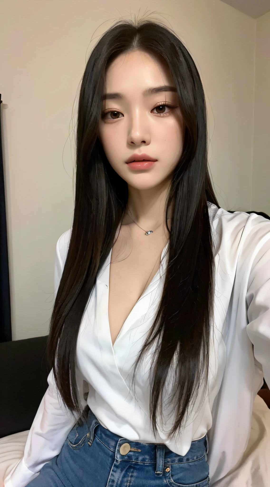 ((Top quality, 8k, Masterpiece: 1.3)), beauty, hidden face, 1 girl, beauty: 1.3, slender abs: 1.1, large men's shirt (loose: 1.4) exposed, full chest, long black hair, (kneeling on bed), ultra-detailed face, highly detailed lips, detailed eyes, double eyelids, strict head and body ratio: 1.5,